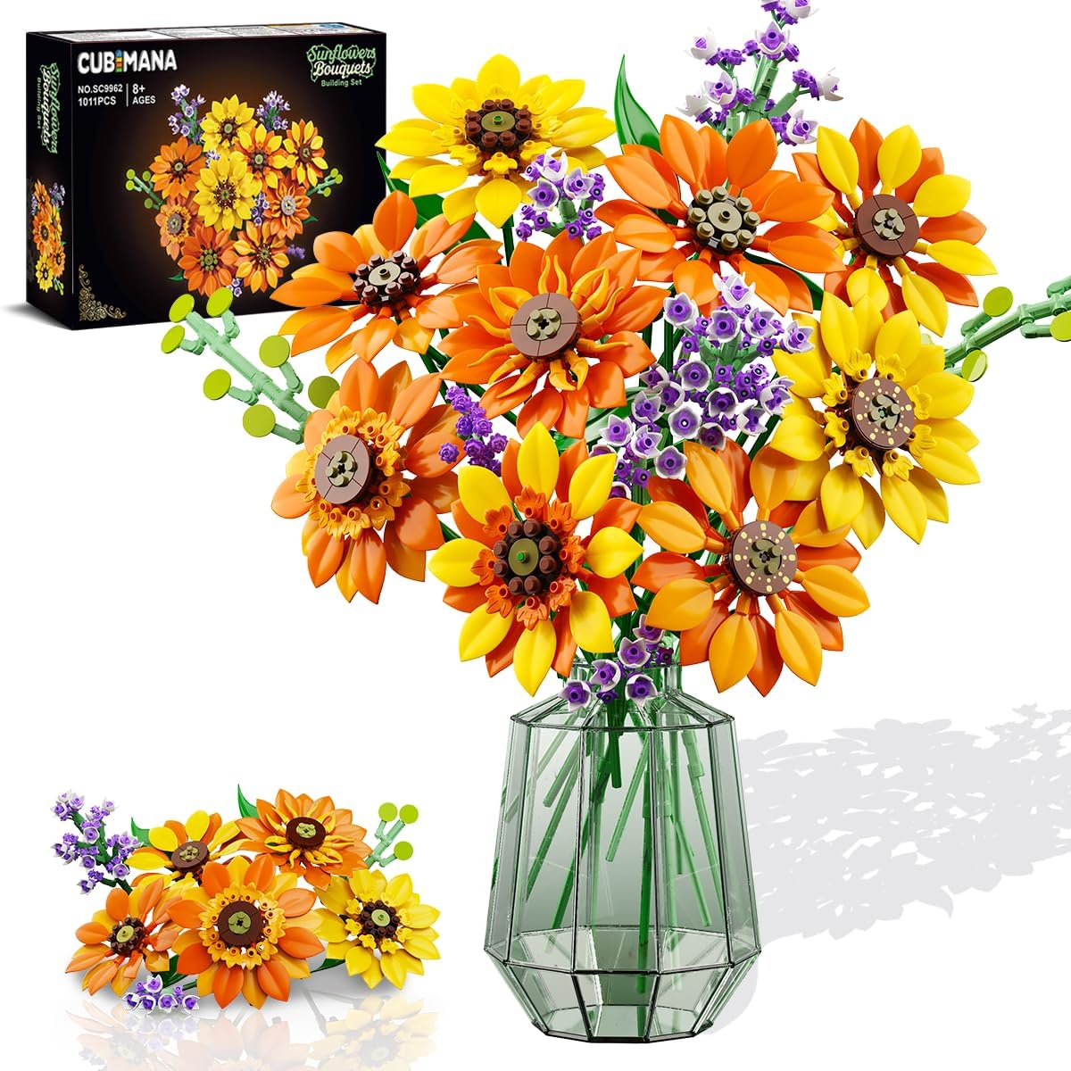 Flowers Sunflower Bouquet Building Set with Lights - 17 Flowers Botanical Collection Artificial Plant Sunflower Building Blocks Art Home Decor Surprise Gifts for Adults Women Girls (1011PCS)