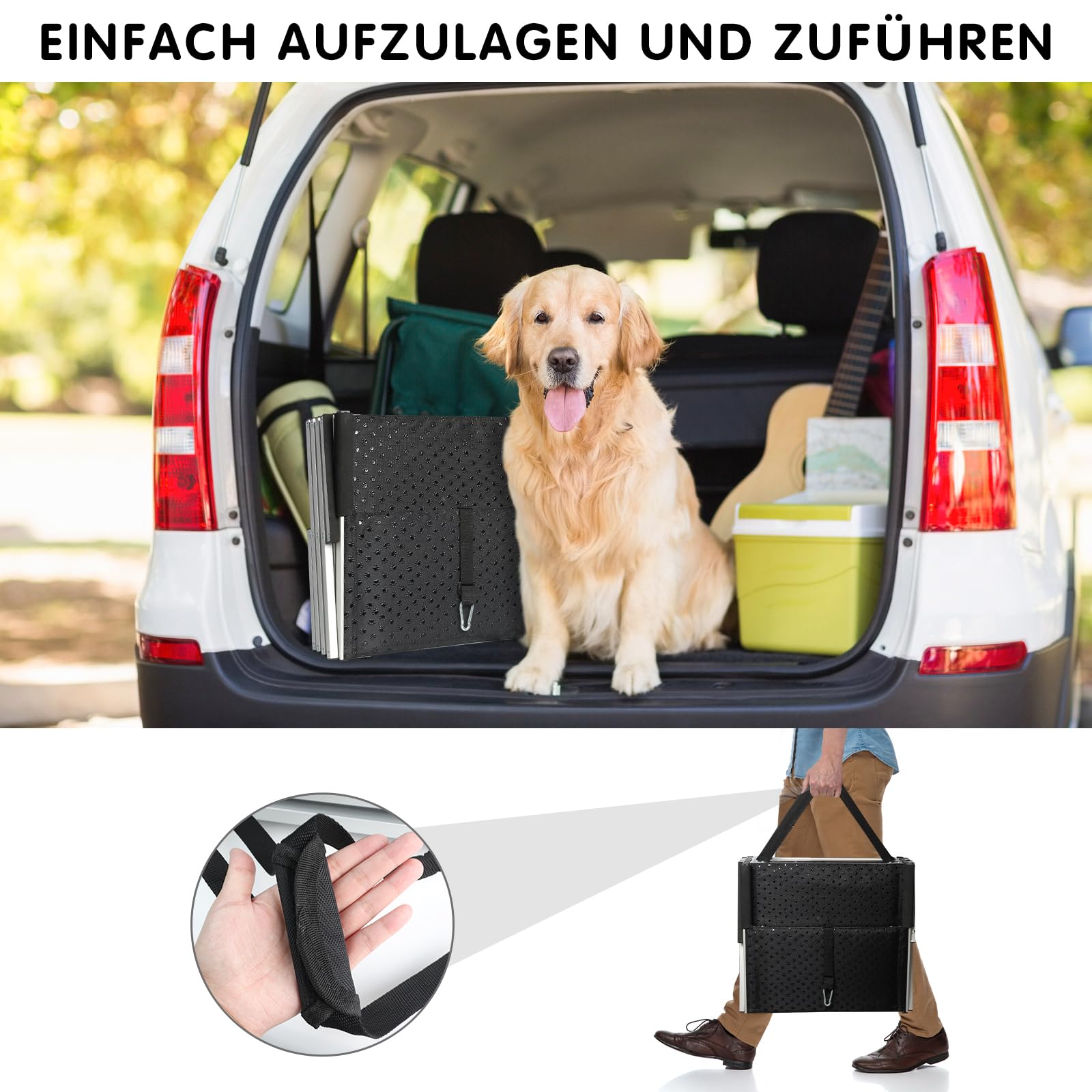 Hundetreppe Auto, 4 Stufen Hunderampe Auto klappbar, Einstiegshilfe Hund Auto für alle Fahrzeuge nutzbar, Höhenverstellbar, Belastbar bis 80 kg