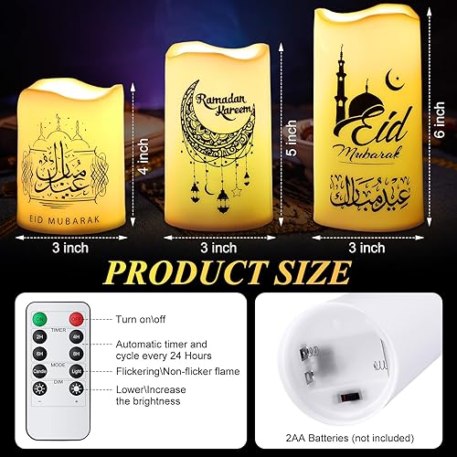 Miniatura 2 de Tujoe 3 velas sin llama Eid Ramadan Mubarak Eid Mubarak LED que funcionan con pilas con luces de vela remotas, decoraciones de Ramadán para