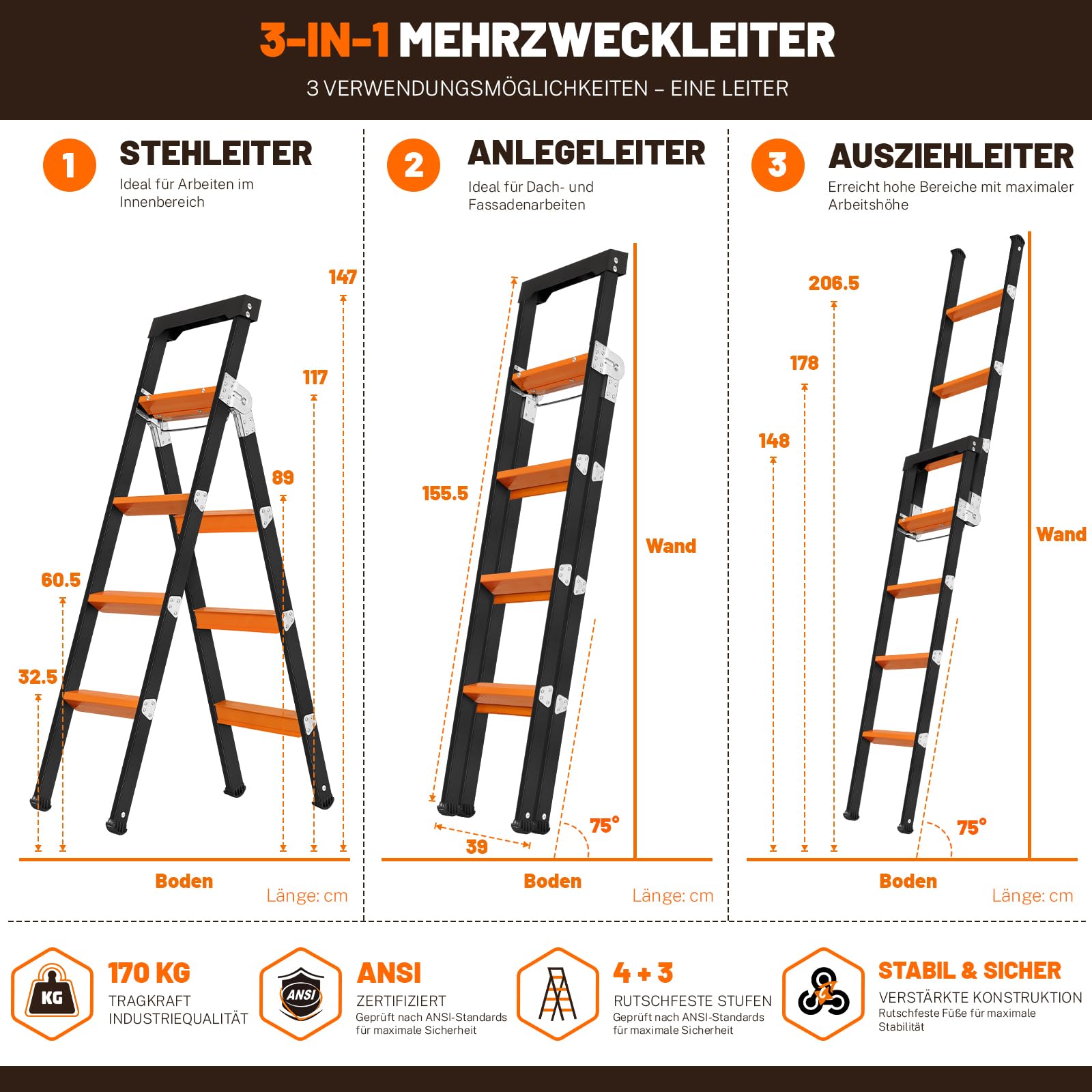 XinSunho Scala multiuso a 4 livelli, 4 livelli e 2 m (4 + 3 gradi), portata 150 kg, scala pieghevole, per interni, esterni e tetto, colore nero