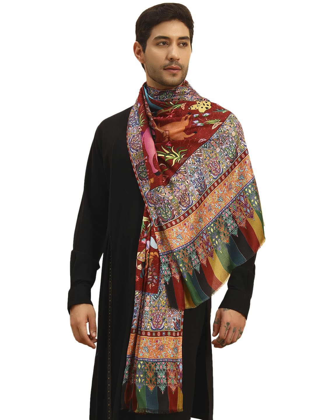 pashmoda Men Royal Fine Soft Bamboo Fibre Stole, Multicoloured Design, Evening Wrap, Luxury Pashmina Style Scarf, Wrap, Sustainable and Natural Fabric (Size 28x80)-picture-34