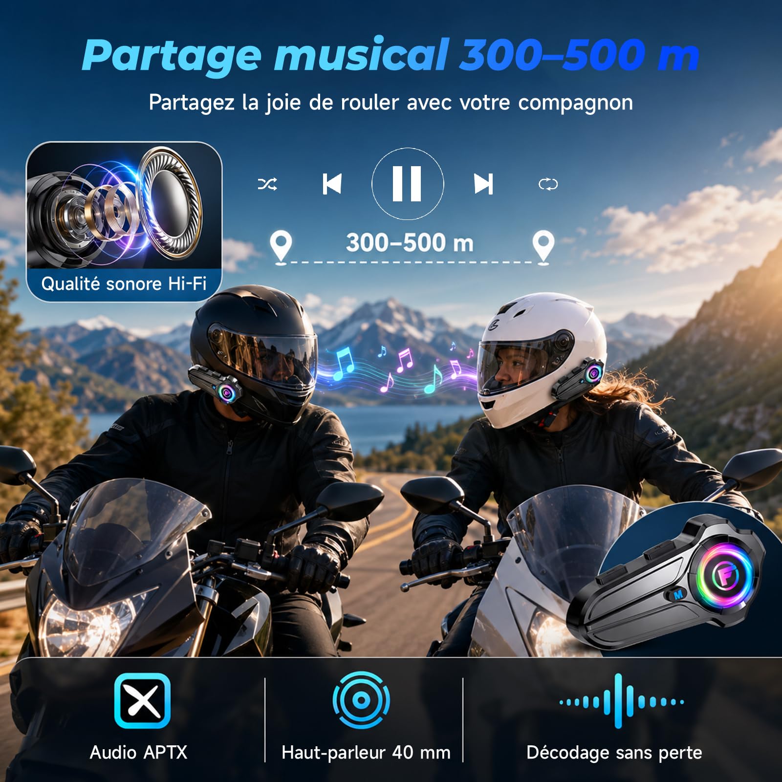 Lot de 2 F10Pro Intercom Moto Duo pour 2 Casques, Interphone Moto Bluetooth 5,3, Appairage Universel, Communication de 1000m, Réduction Intelligente du Bruit, IP67 Étanche, Mains Libres Automatique