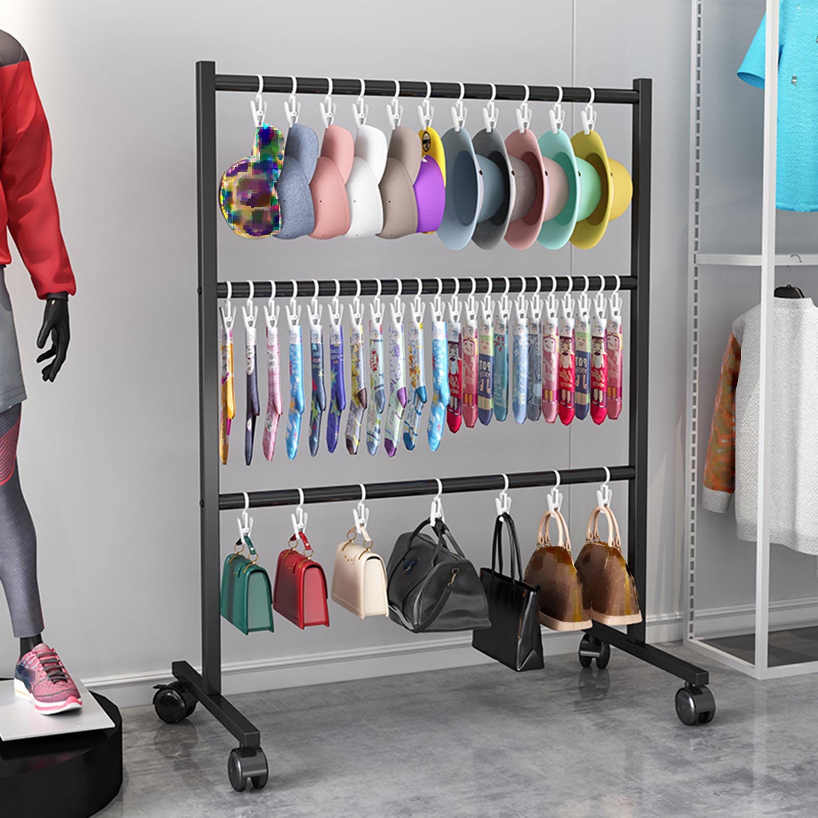YNBSHGAA Freestanding Hat Rack Stand Retail Display Rack, Floor Standing Mobile Merchandising Rack, Multifunctional Garment Rack Pants Hanger Towel Storage Station, Underwear disp,Black