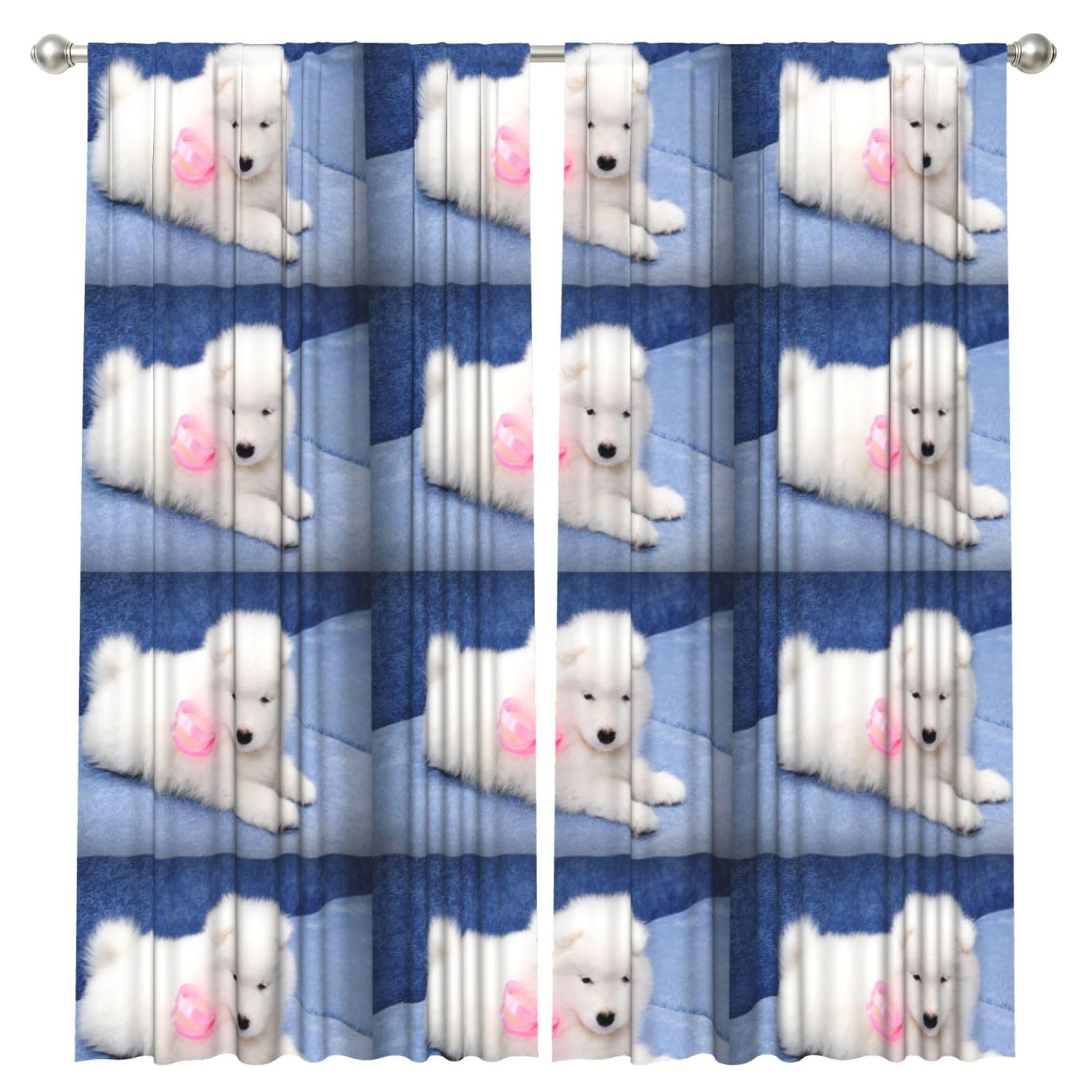 InOmak Samoyed Puppy White Dogs Puppy With Bow Furry, 2 Panels Window Curtains 52 x 84 Inch Blackout Curtains for Living Room Bedroom