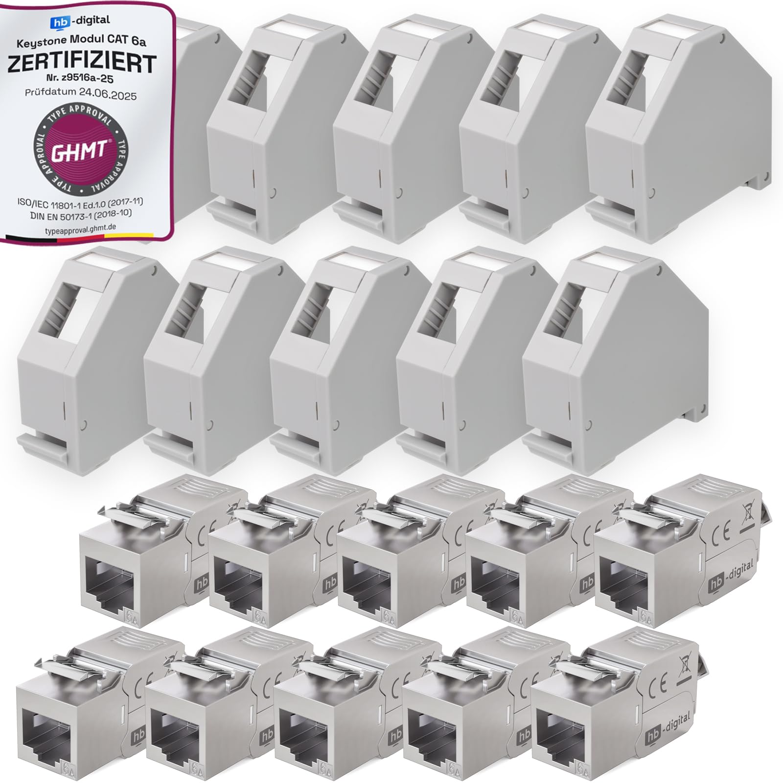 hb-digital Kit : 10 modules Keystone Cat.6a RJ45 + 10 adaptateurs de rail DIN Support Keystone pour rail DIN standard de 35 mm | RJ35 blindé sans outil Montage Ethernet LAN Réseau STP LSA