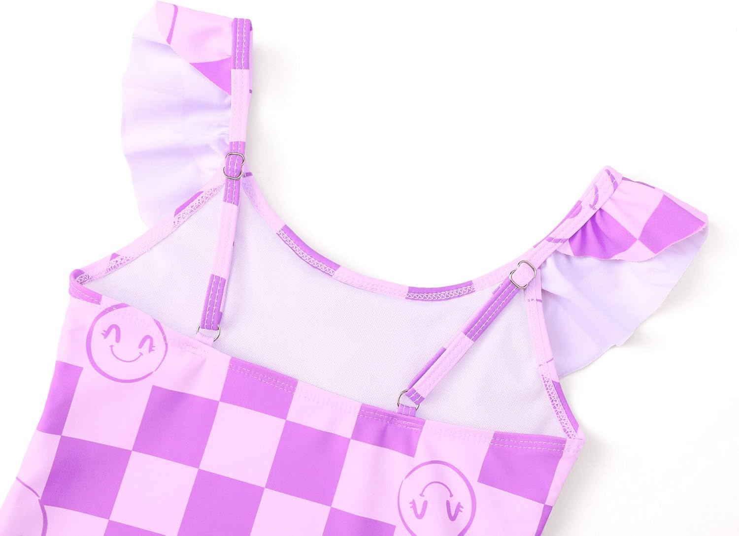 Girls One Piece Swimsuit - Adjustable Strap, Checked Face & Mermaid Print Toddler Ruffle Bathing Suit Size 2T-10 4 1pc Purple Checker Face image 4 of 6 B0DWMPJQTJ
