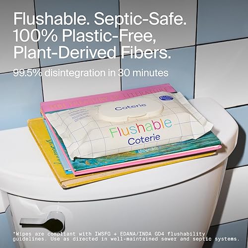 Miniatura 2 de Coterie Toallitas desechables para pieles sensibles, hipoalergénicas, 99% de agua, fibras a base de plantas, alcantarillado + séptico seguro para