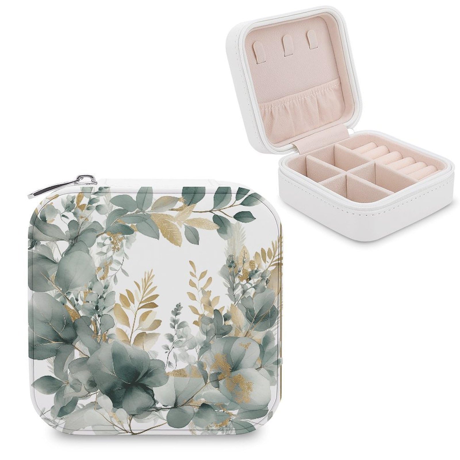 VstaDank Gold And Green Leaves Jewelry Box for Women Custom Travel Jewelry Case Personalized Travel Jewelry Boxes Small Portable Jewelry Organizer Box for Rings Necklaces Bracelets Earring