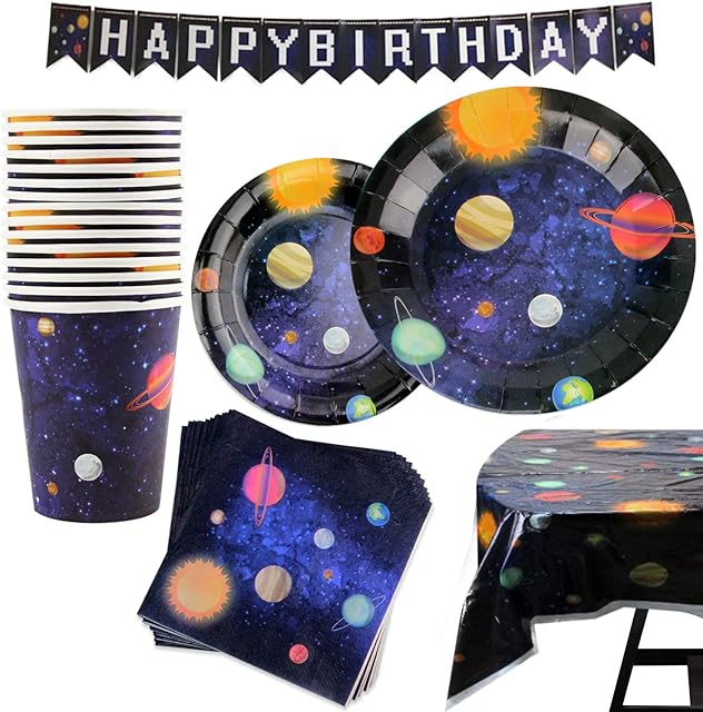 Kompanion 102 Piece Outer Space Party Set Including Banner, Plates, Cups, Napkins and Tablecloth, Serves 25