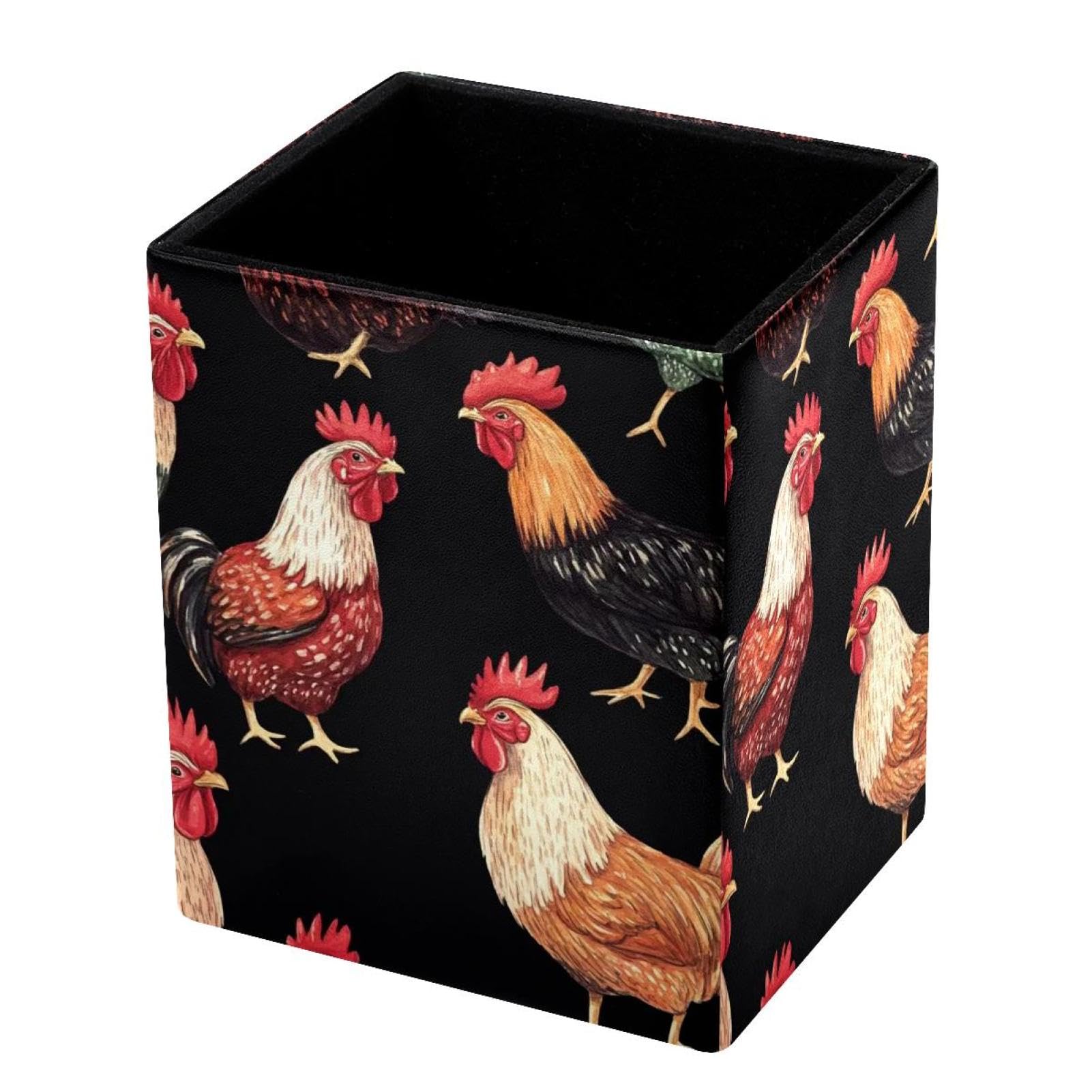 FWJZDSP Pencil Holder for Desk Pen Pouch with Roosters Farm Animals Print Capacity Pen Cup Leather Makeup Brush Holder for Office Desk Organizer