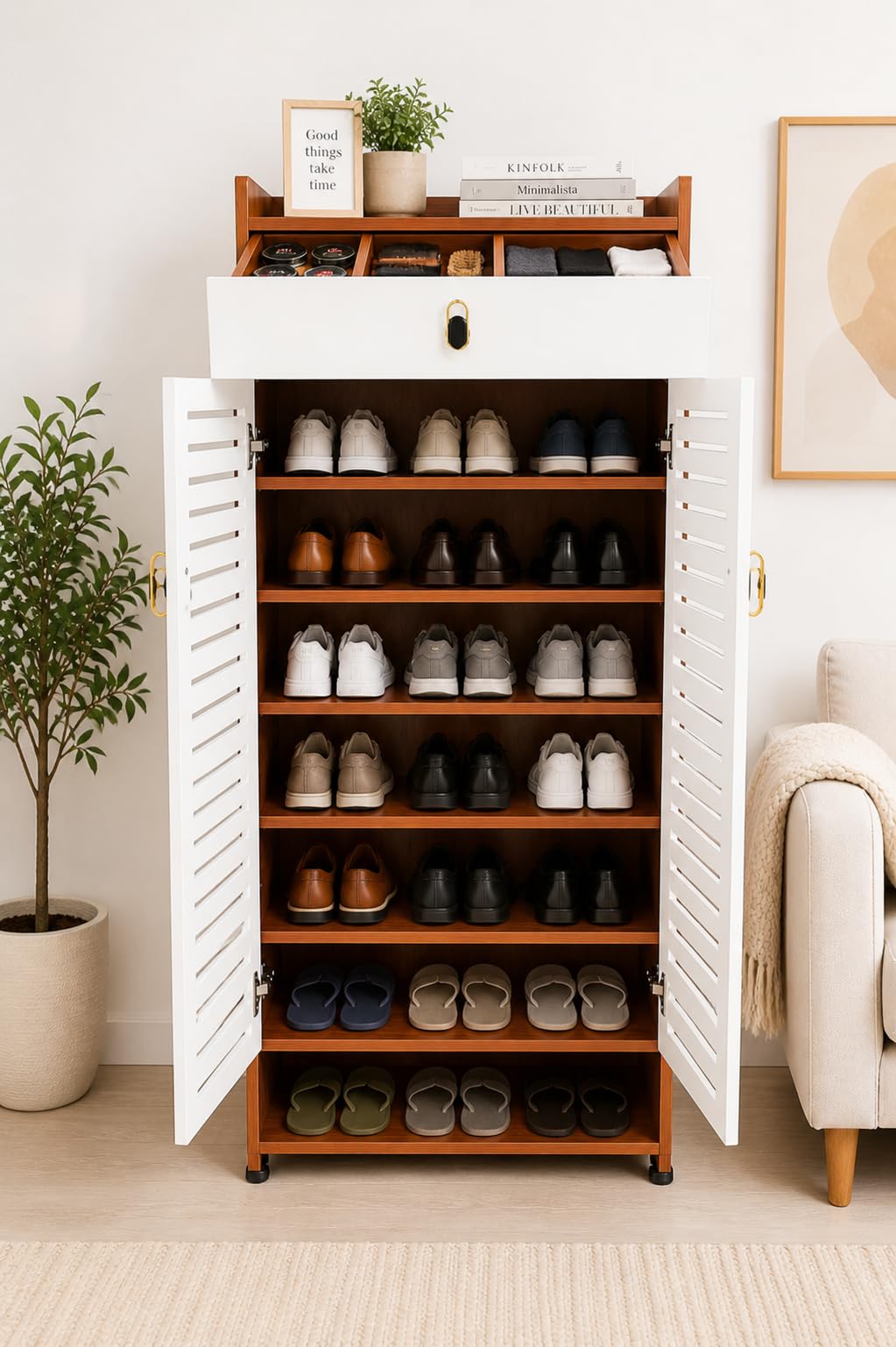 Storage Cabinet in Brown and White Engineered Wood, Ventilated MDF Doors,Floor Standing, 7 Shelves, 1 Drawer and Top Space, Rectangular, Height 57 inch-image-24