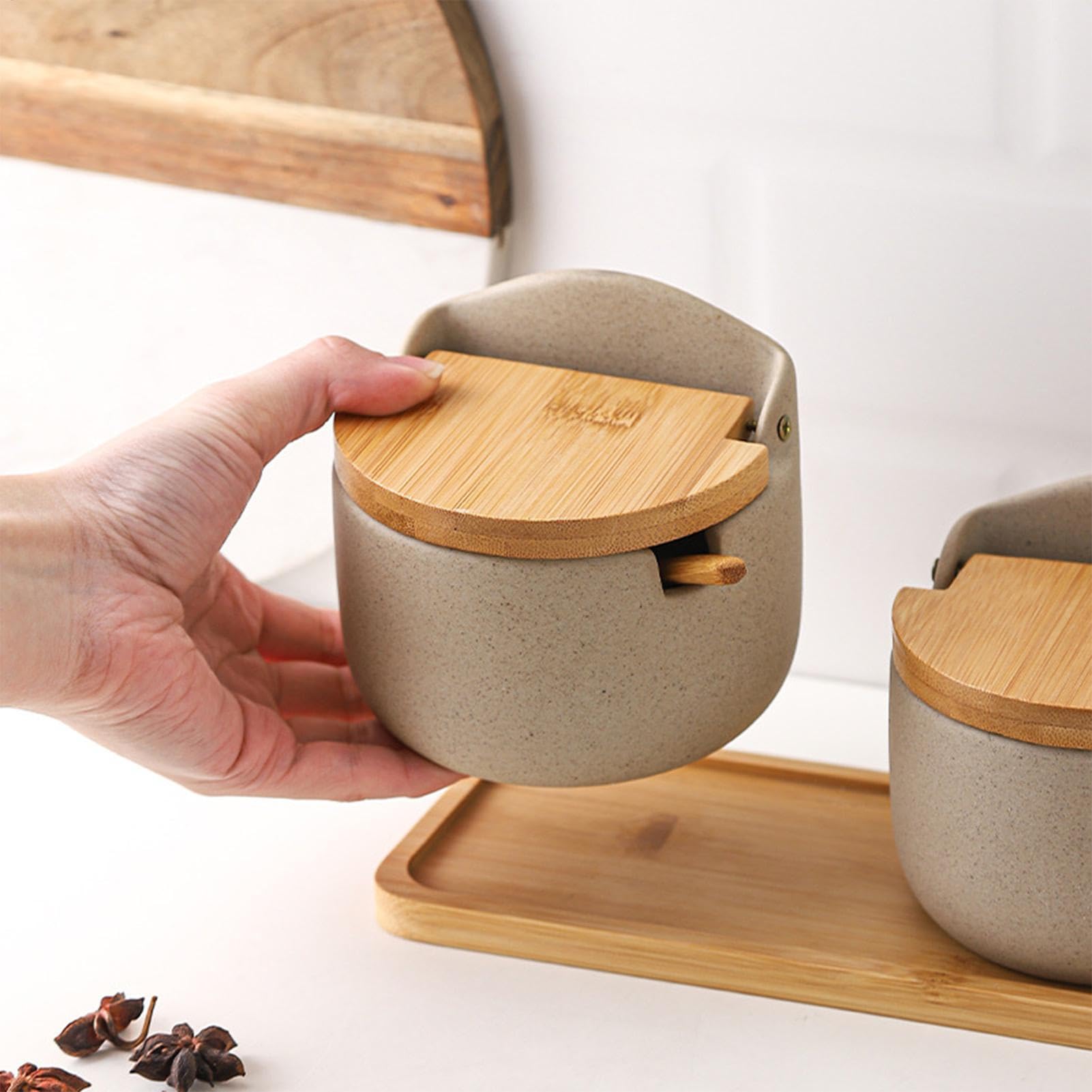 Contenitori Per Il Sale - Cantina Per Il Sale | 2x Porta Sale In Ceramica Con Coperchio A Cucchiaio In Legno, Scatola Per Condimenti, Barattolo Per Condimenti Da Cucina, Porta Sale Per Bancone, Baratt