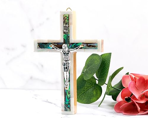 Miniatura 4 de Small Decorative Mother of Pearl wall cross handmade in the Holy Land  olive wood wall crucifix  Catholic wooden cross  Made by Christians in the