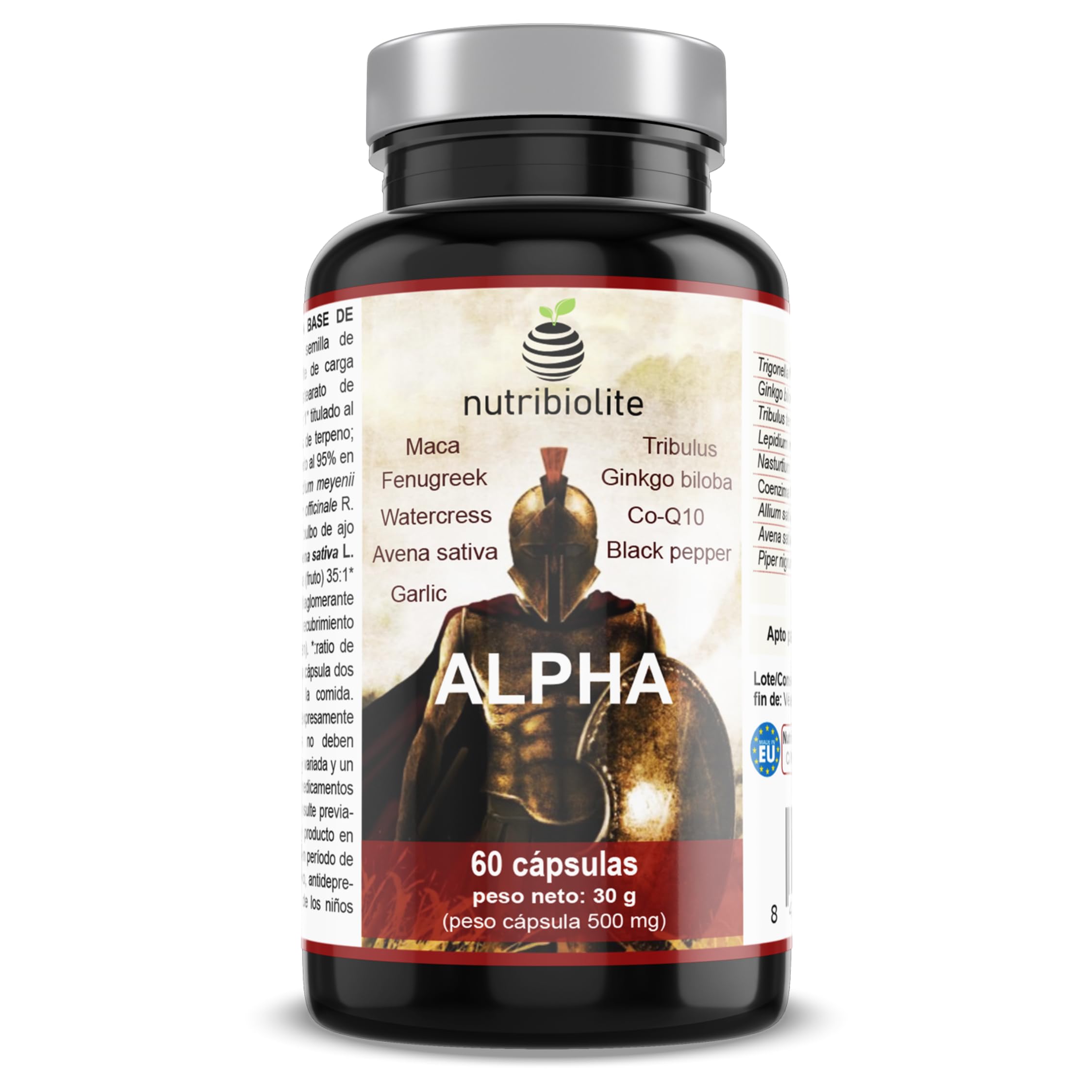 Complejo Altamente Concentrado con Maca, Tribulus, Fenogreco, Ginkgo, Co-Q10, Piperina. Fuerza + Resistencia + Energía. Pre-entreno. 60 capsulas veganas - ALPHA