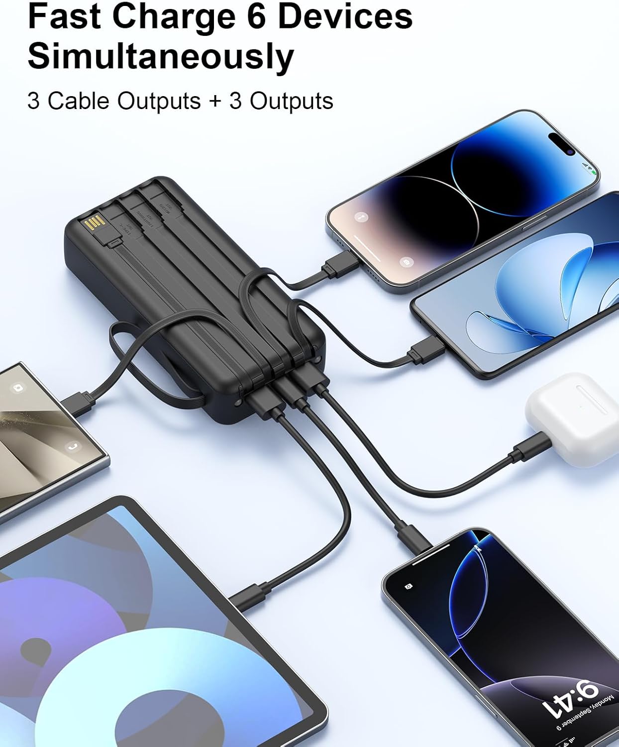 Portable Charger with Built-in Cables, 20000mAh Slim 22.5W Fast Charging Power Bank with LED Display, USB C Battery Pack 6 Outputs & 2 Inputs, Travel Essential Charger for iPhone, Samsung, Google etc - Image 5