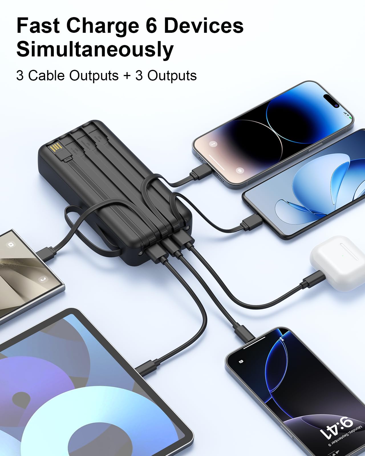Power Bank 20000mAh con 4 Cavi Integrati, 22.5W Batteria USB C a Ricarica Rapida w/Torcia Elettrica, PowerBank per Cellulare Display LED per iPhone 17 16 Samsung Galaxy S24 Tablet Android