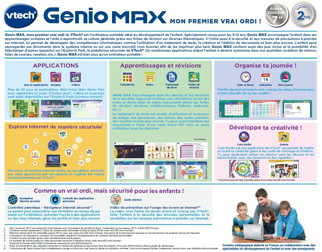 VTech Genio Max grau metallic, Lerncomputer für Kinder ab 5 Jahren | Kinder-Laptop mit Farbdisplay, AZERTY-Tastatur, Maus und bereits 60 Apps und Lernspiele in französischer Sprache