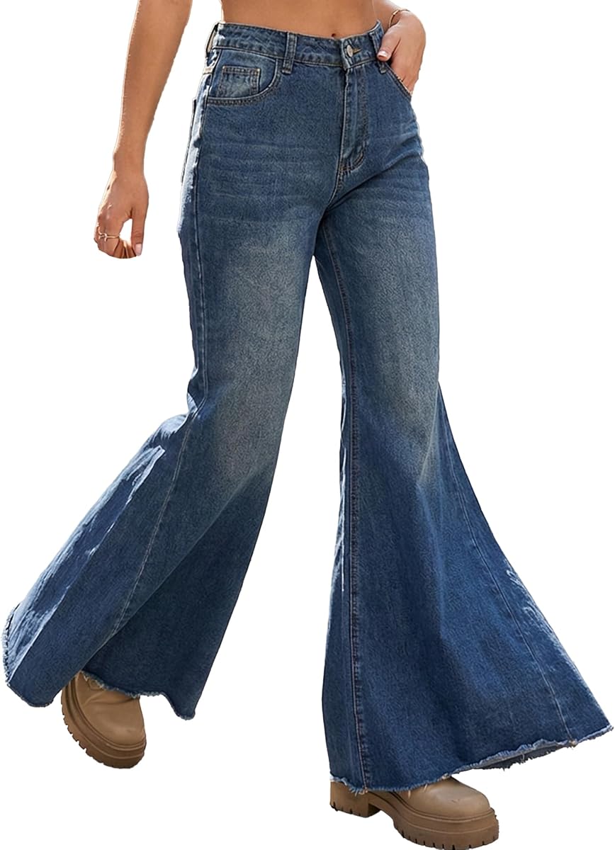 Mewunan Pantalones vaqueros con parte inferior acampanada para mujer, pantalones vaqueros de talle bajo, pantalones vaqueros elásticos de moda con dobladillo crudo Y2K con bolsillos 2026