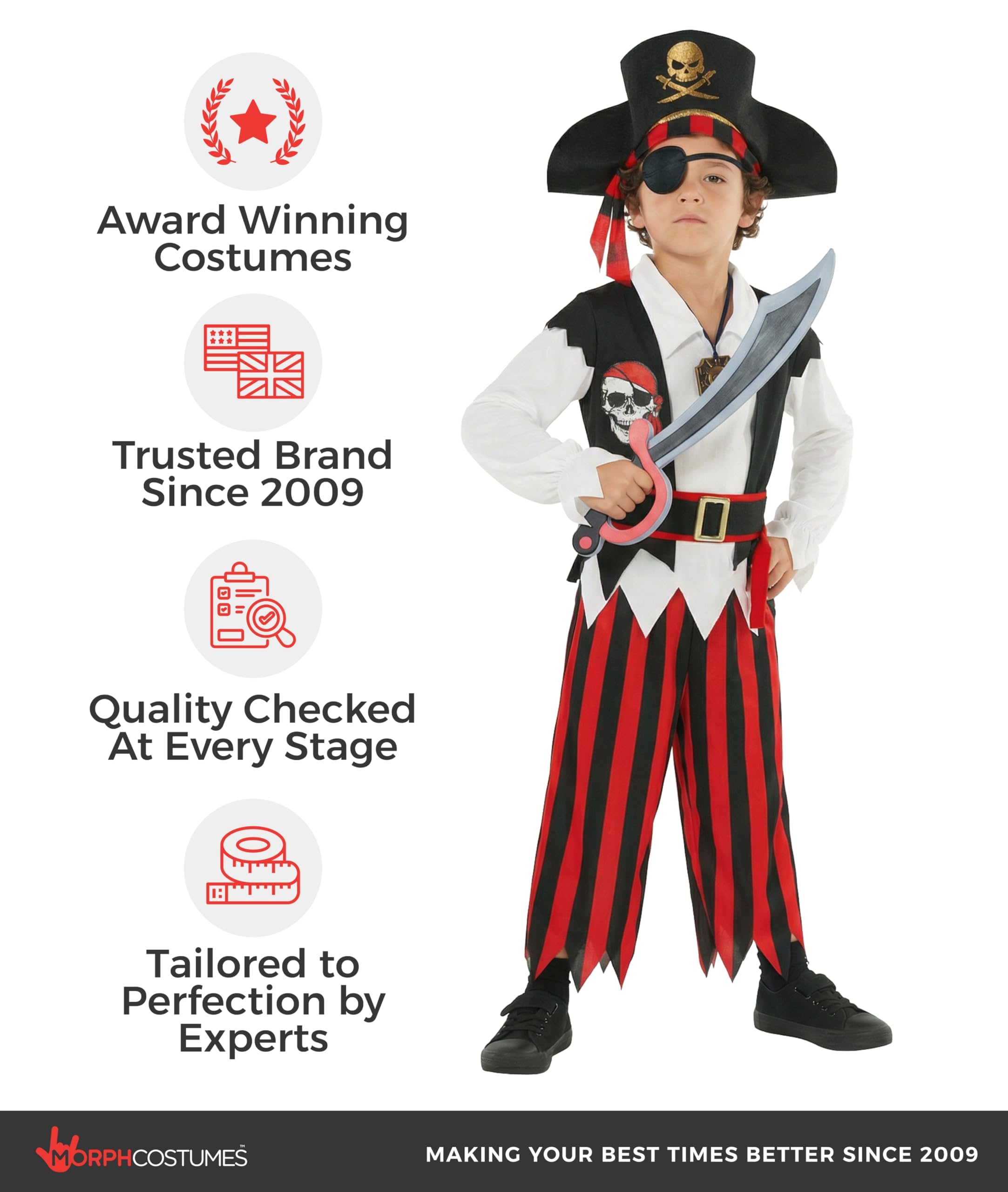 Morph Disfraz Pirata Niño Rojo, Capitán Pirata con Accesorios, Disfraces para Carnaval y Halloween