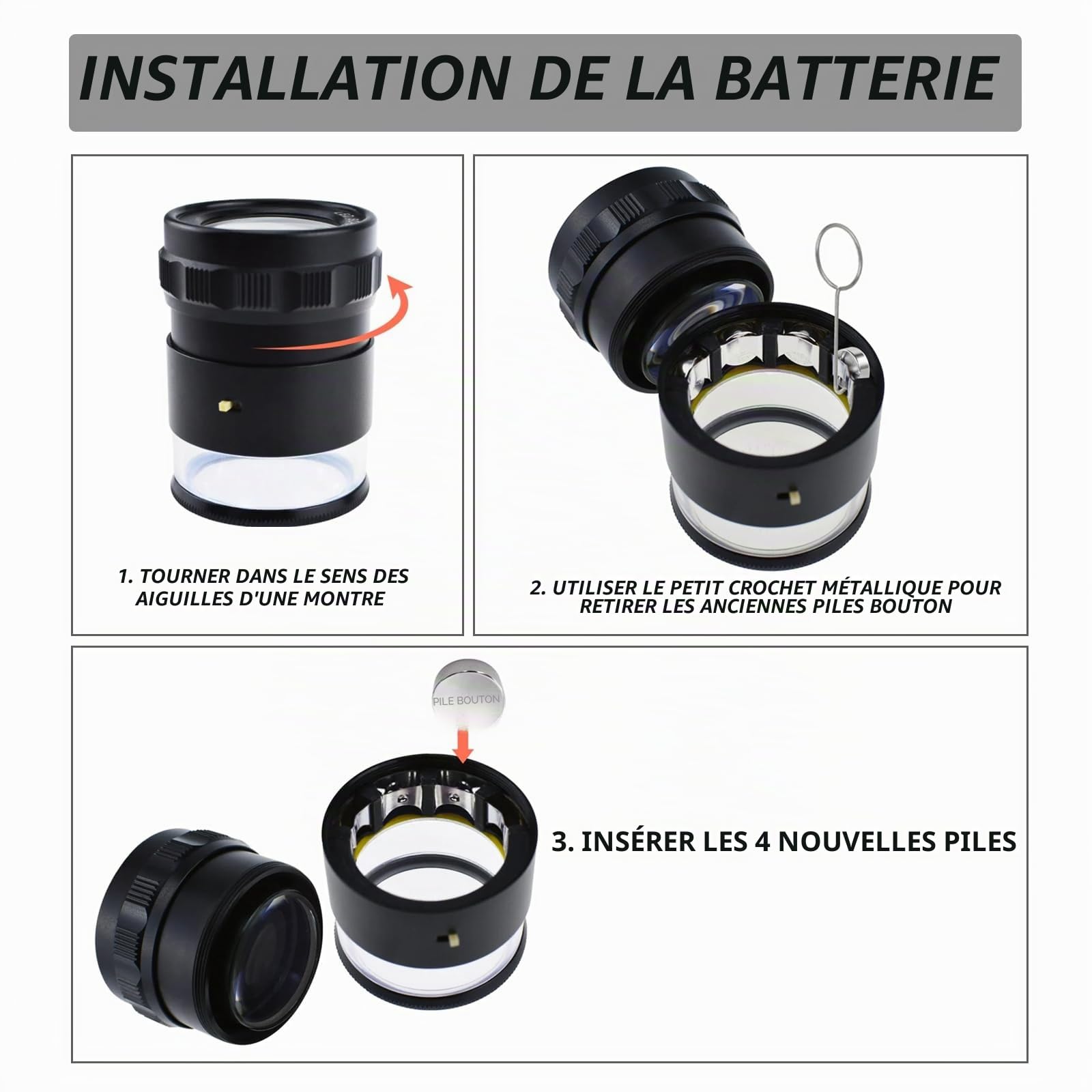 Loupe de bijoutier grossissante x10 avec 8 lumières LED et 4 Verres gradués en Verre, loupe de Bijouterie de 5 mm, Champ de Vision illuminé pour Bijoux, pièces de Monnaie, Timbres, Montres