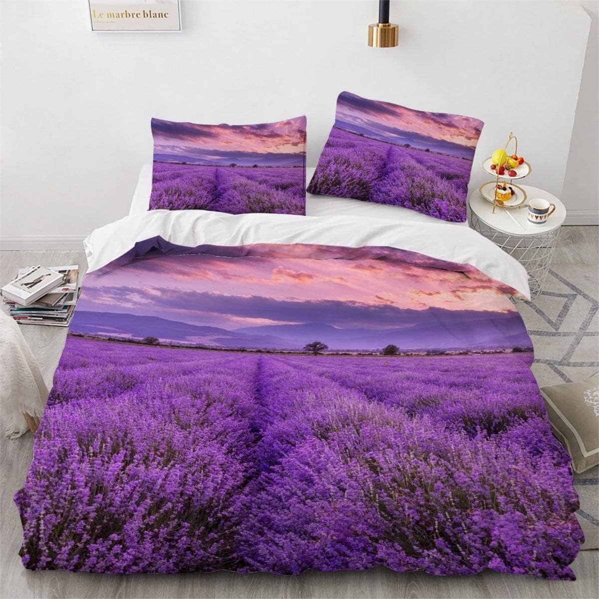 Housse de Couette 220x240 Lavande Parure de Lit Imprimée Microfibre, Lavande Sets de Housses de Couettes 3D 2 Personnes avec 2 taies d'oreiller 65x65 cm H2028