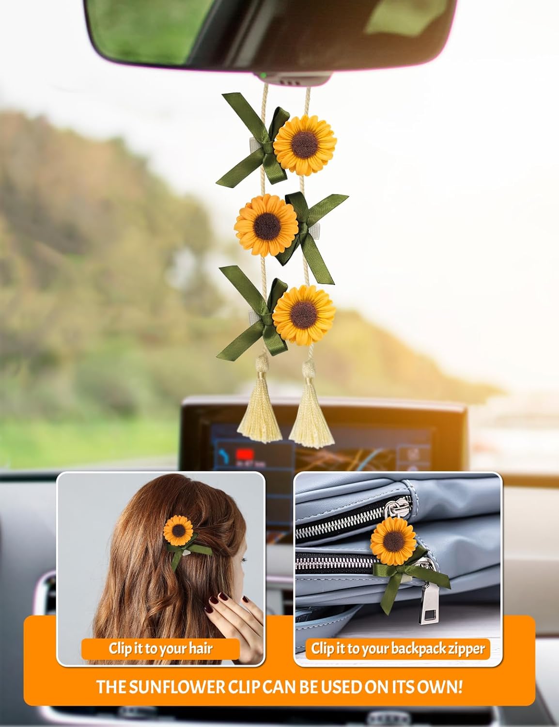 Sunflower Mirror Hanging Ornament – Cute Car Rearview Accessories for Women, Floral Car Charm for Interior Decoration, Automotive Interior Decorations,Vehicle Rear View Decor, Girly Auto Gift