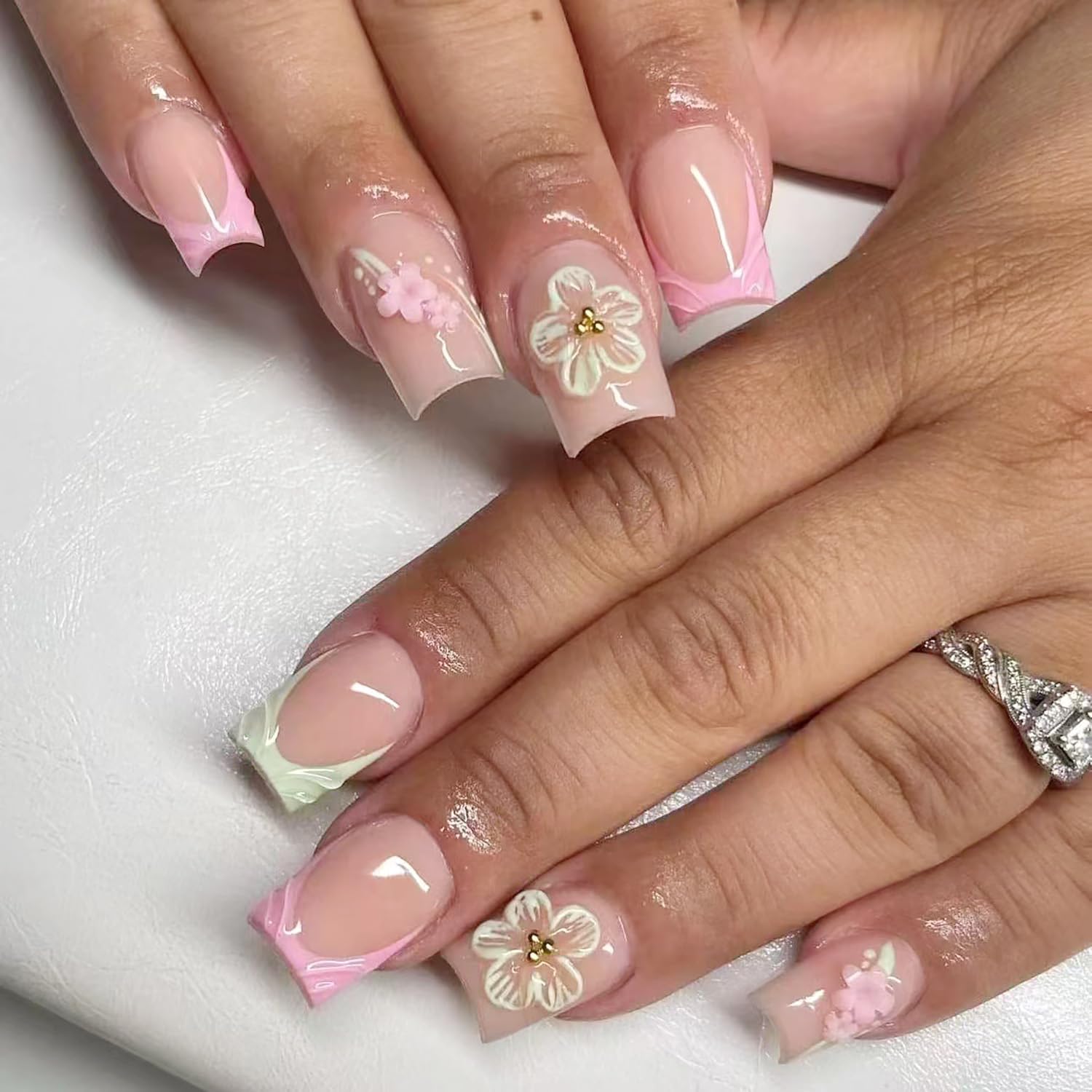 24Pcs Green Pink French Tips Press on Nails Short Square Spring Fake Nails 3D Flower with Gold Beads Design Full Cover Glue on Nails Flowers Acrylic