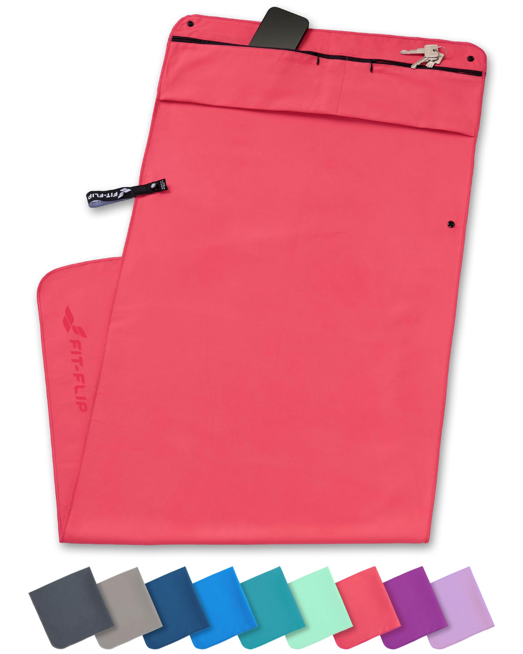 Fit-Flip Fitness Towel - with Magnet and Zip Pocket - Microfibre Gym Towel for Sports and Fitness - Compact and Quick Drying - Sports Towel Gym - Coral - 130 x 48 cm-image-19