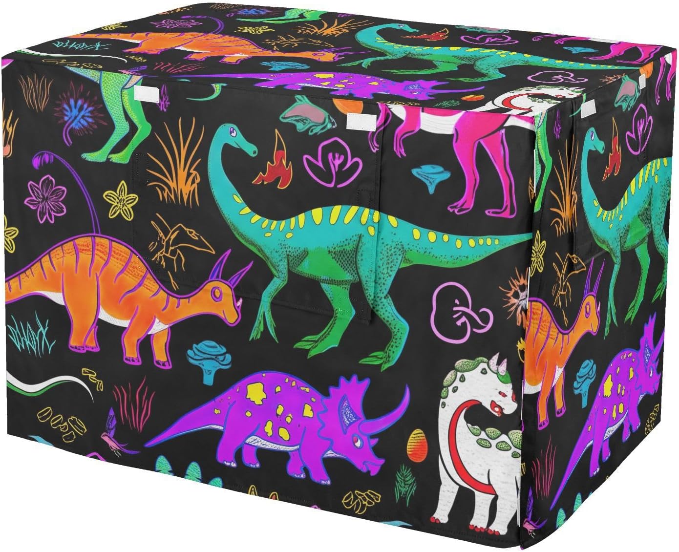 Colorful Dinosaurs Dog Crate Covers Fixed Buckle at Bottom, Pet Crate Cover with Roll-up Sides, Large