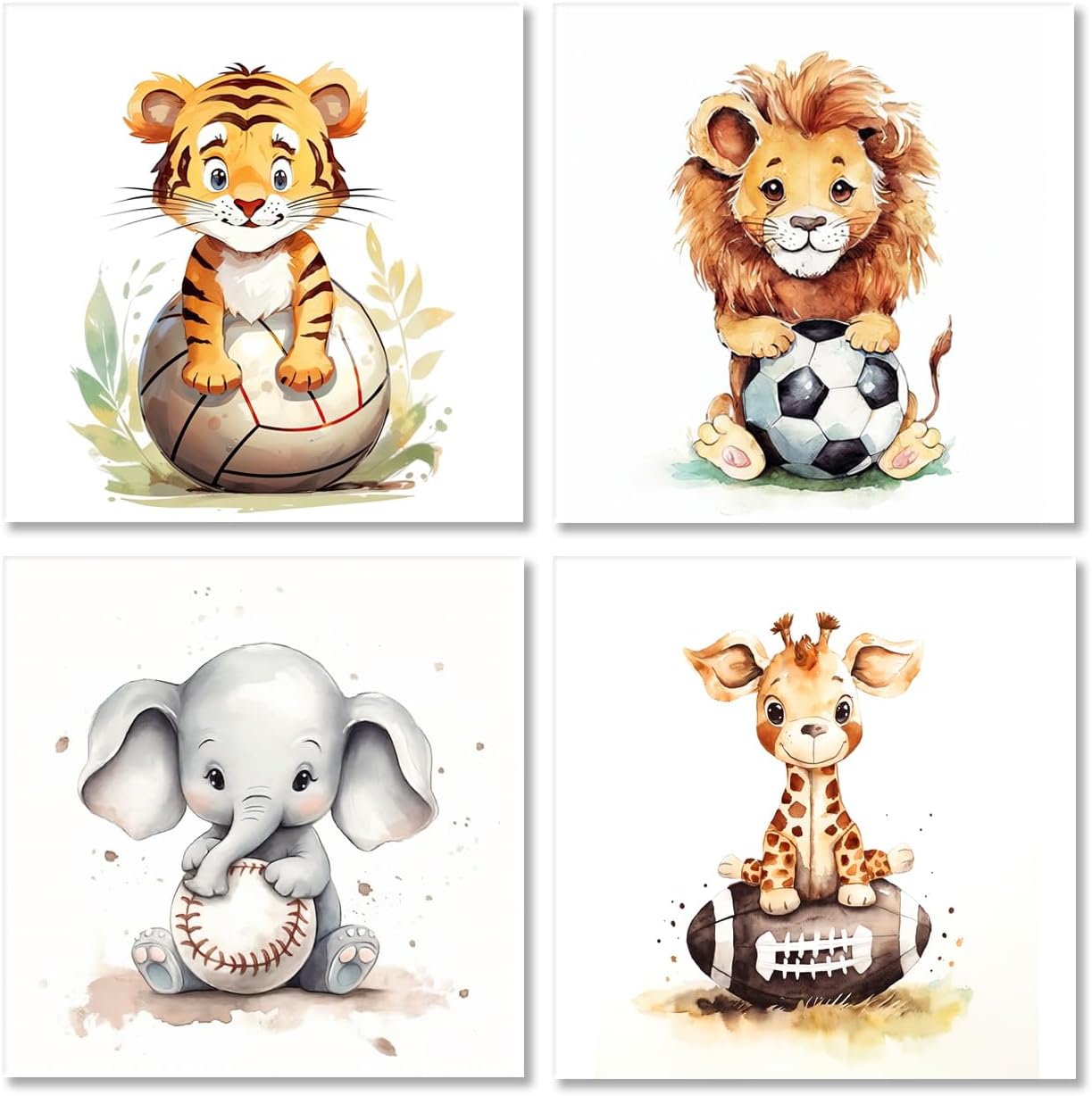 GLOKAKA Set of 4 Jungle Animals Wall Art Watercolor Cute Animals with Baseball Football Volleyball Rugby Kids Boy Sports Wall Decor Painting Print Nursery Decor Artwork