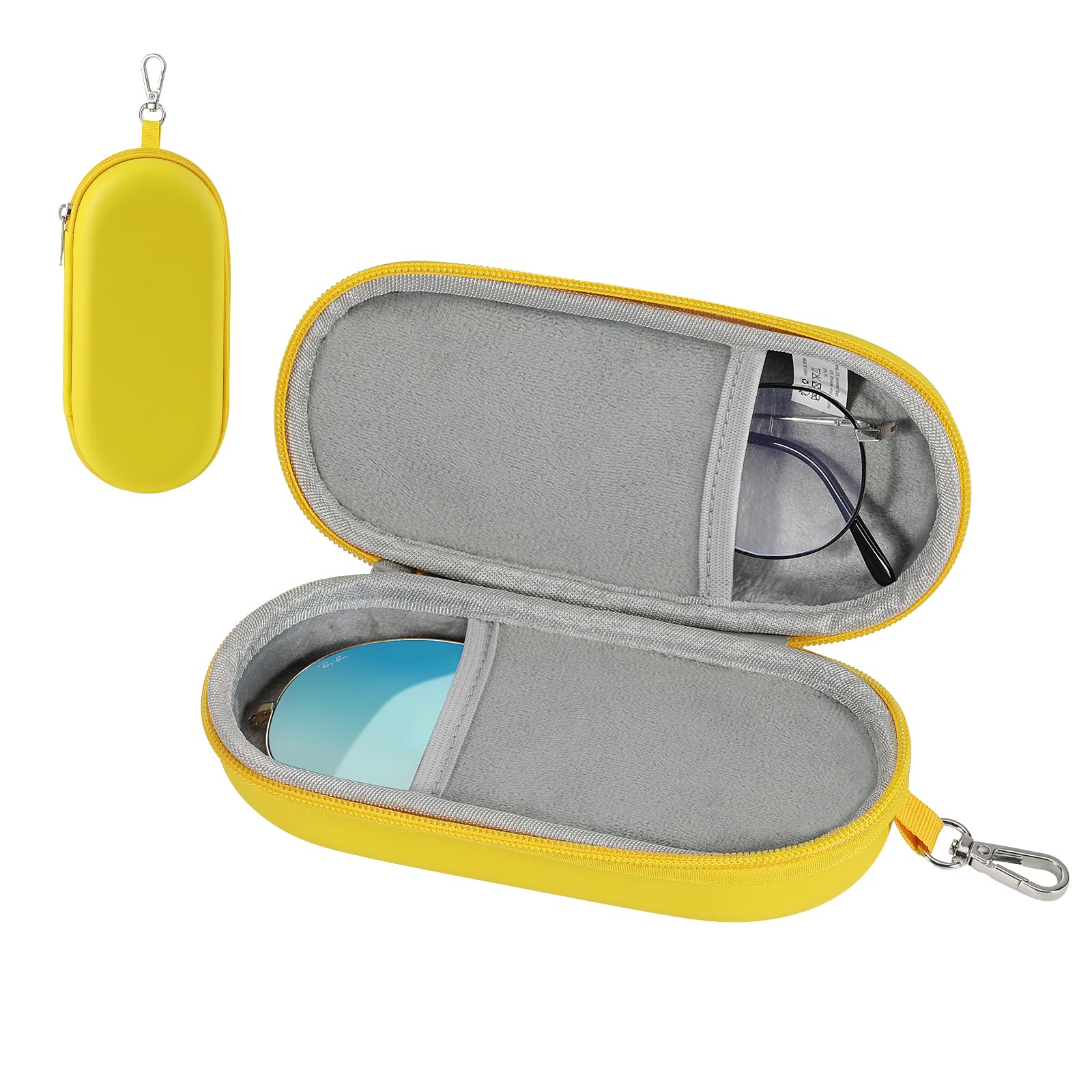 MoKo Double Glasses Case Hard Shell, Portable Travel Eyeglasses Case with Zipper Closure & Metal Hanging Hook, PU Leather Dual Sunglass Organizer for Women, Men, Yellow