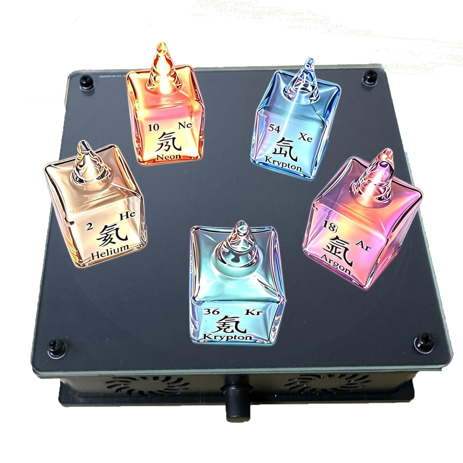 WHOOLEFUN 5pcs Rare Gas Glow Cubes With Excitation Base, He/ne/ar/kr/xe, 0.7" Mini Sealed Noble Gas Element Cubes, Rare Gases Neon Light, For Science Lover, Student, Teacher
