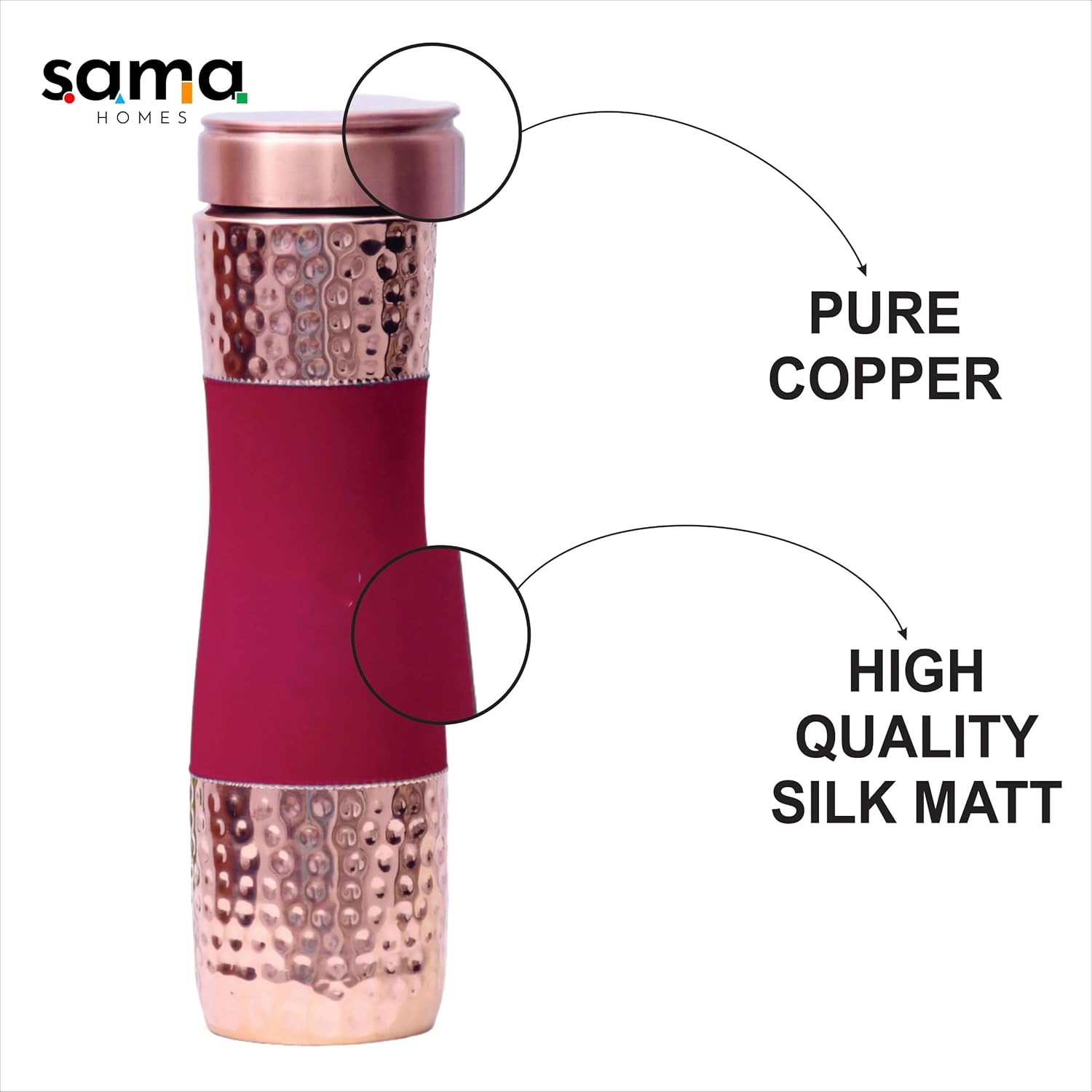 Pure Copper Water Bottle Silk Red Cherry Half Hammered Capacity 1000ML Red Cherry Copper 2.83x10.6 Inch