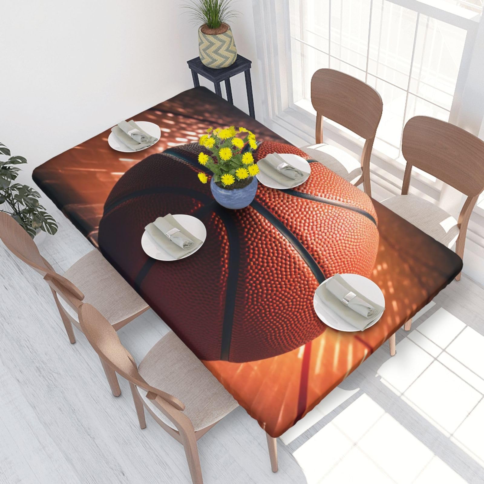 DCARSETCV Basketball Sport Printed 4FT Waterproof Tablecloth with Elastic Edged Protect & Decor Your Table, Oil-proof Washable Table Cloth Cover for Dinner Picnic Party