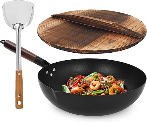 Cookeriess Wok de acero al carbono martillado a mano tapa de madera espátula asiática con asa sartén para cocina china japonesa y cantonesa cocina