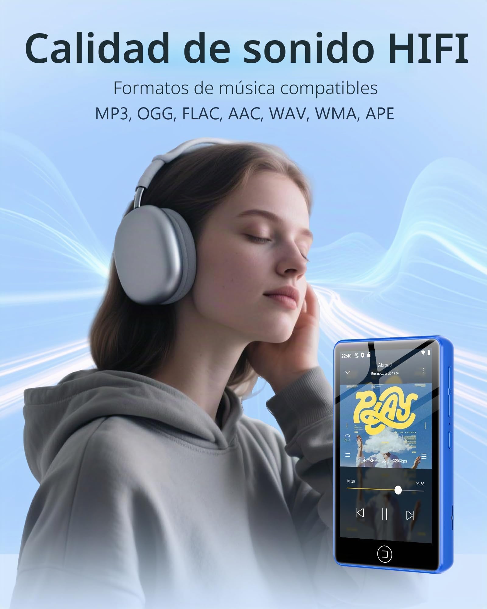 144GB Reproductor MP3 con Bluetooth y Wi-Fi, 4,02 Pulgadas Pantalla Táctil MP4 Player, Reproductor de Música Android con Spotify, Amazon Music, Deezer, Radio FM, Lector de E-Books, Azul