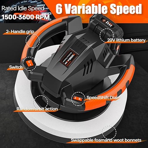 Miniatura 8 de THINKWORK Pulidora de búfer, pulidora inalámbrica de 20 V, kit de máquina pulidora portátil de 10 pulgadas para automóvil, con batería recargable de