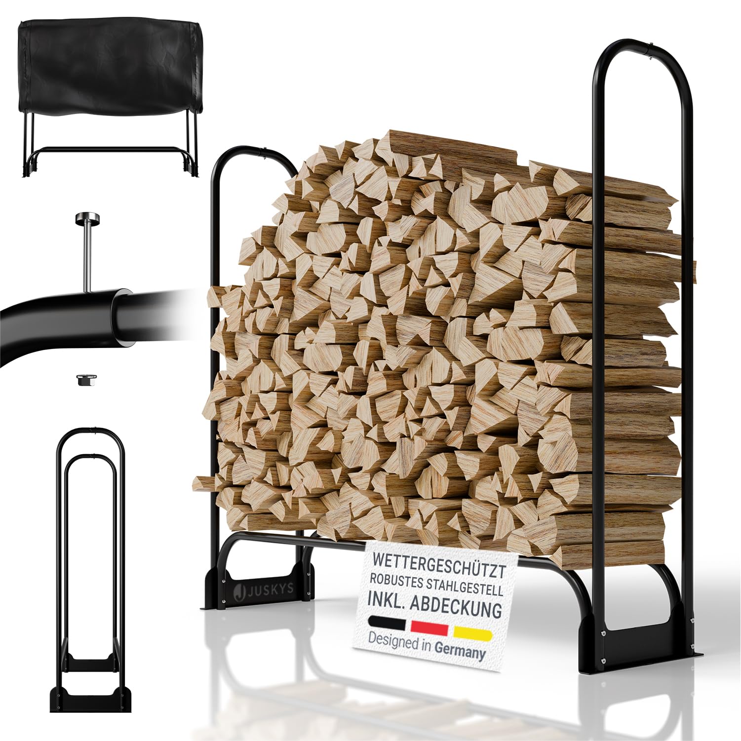 Juskys Kaminholzregal M - 130x117x36 cm – Schwarz, Brennholzregal aus Stahl mit Abdeckung, Holzunterstand für Garten & Terrasse, 200 kg belastbar