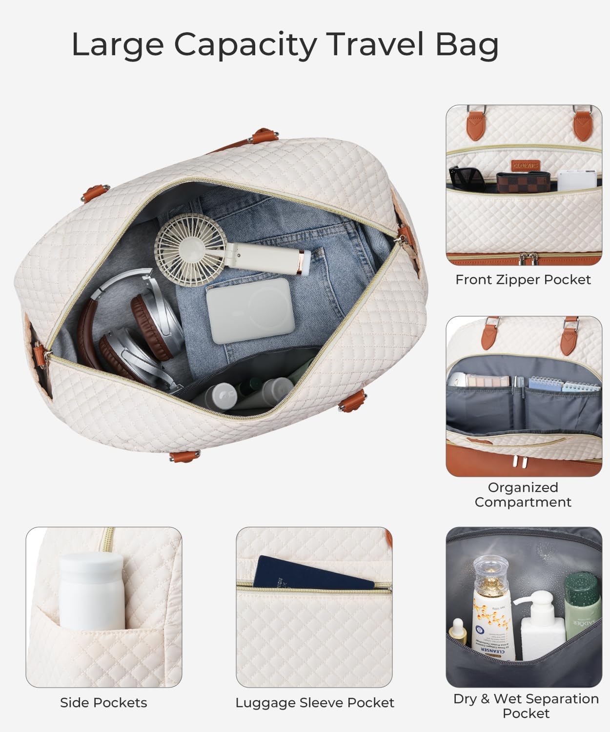 Weekender Bags for Women, Large Travel Duffel Bag Carry on Overnight Bag with Shoe Compartment and Toiletry Bag for Travel Business Gym Hospital, Beige Brown - Image 2