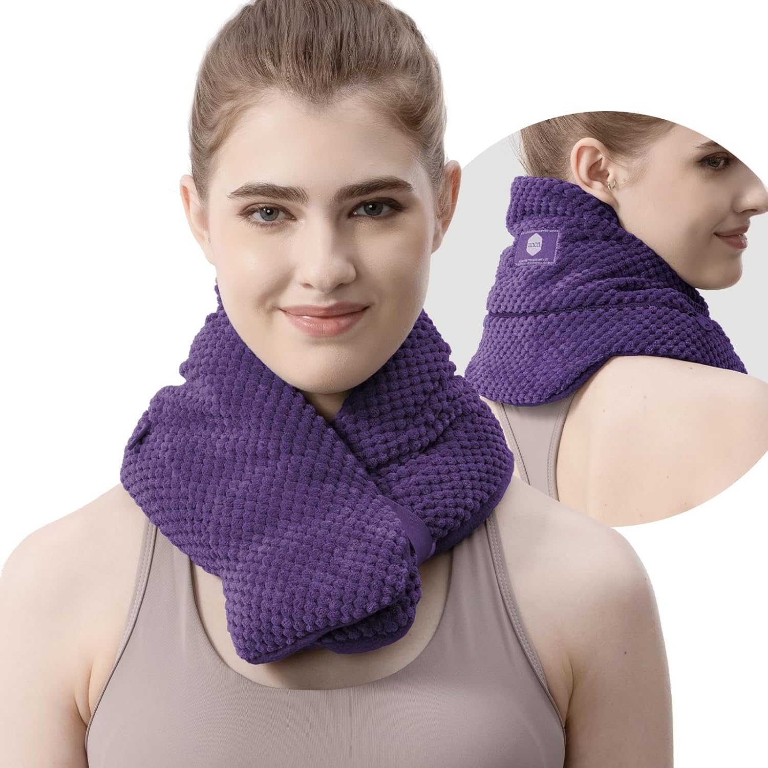 UNCN Coussin chauffant pour le cou au micro-ondes avec housse lavable, large lesté, soulagement de la douleur, sac chauffant pour thérapie par le blé (violet)