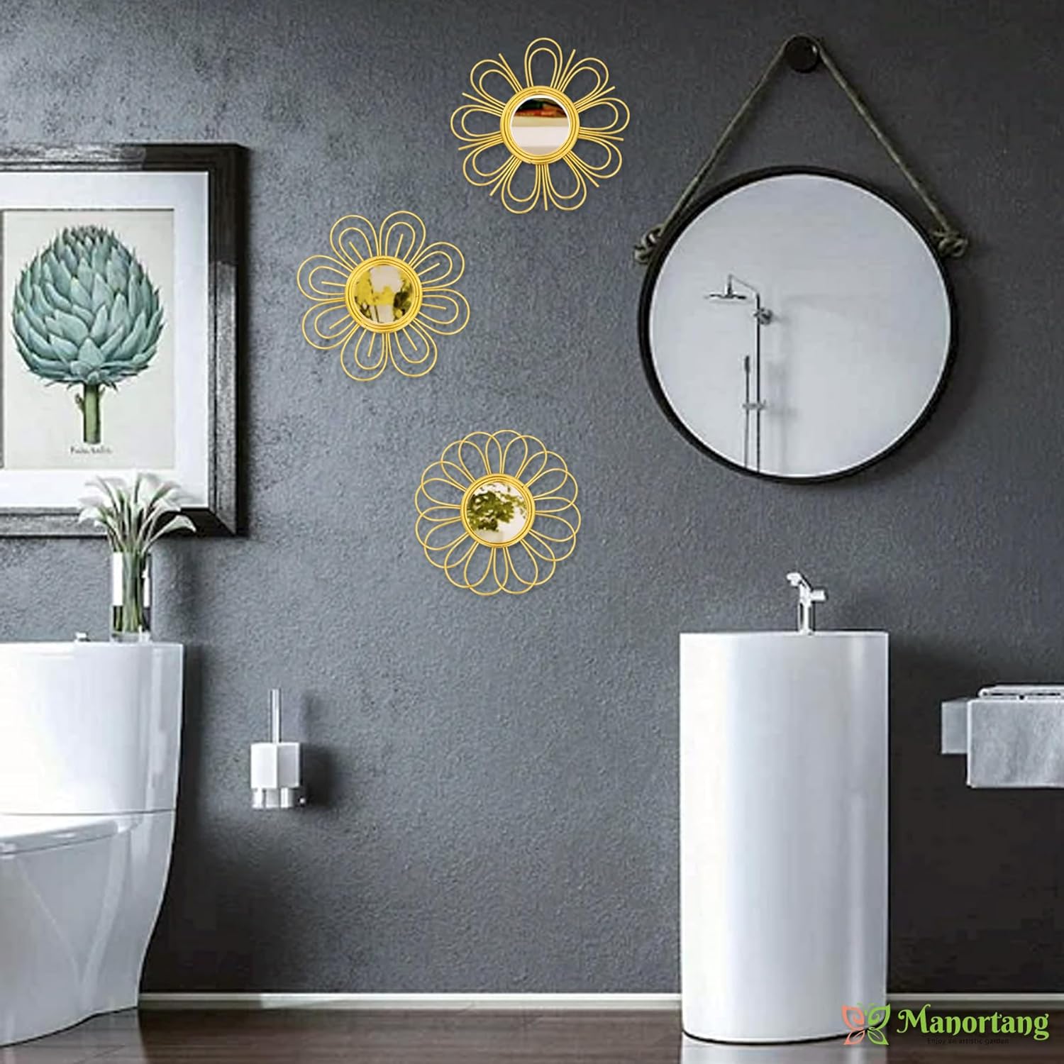 Gold Mirrors 3 Piece, 9 inch Flower-Shaped Mirror Hanging Wall Decor, Valentine Decorative Mirror Wall Art, Round Mirrors for Bedroom,Living Room,Bathroom, House Warming Valentine Gifts - Image 5