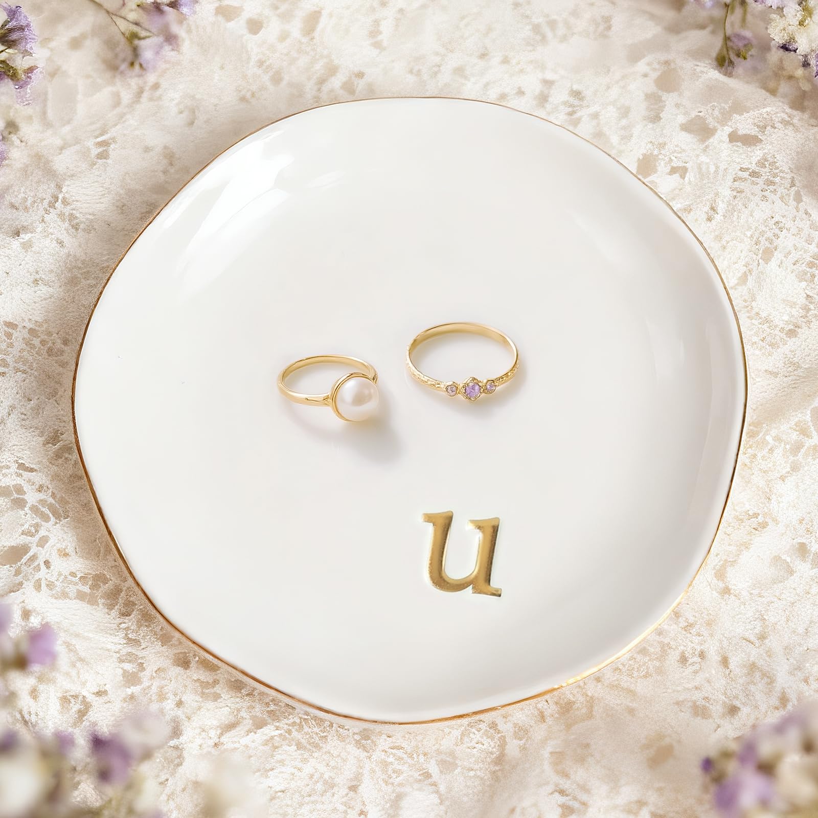 SHXWELL Trinket Dish Gifts for Women, Ceramic Jewelry Dish, Small Ring Dish, Birthday New Home Wedding Christmas Friend Gifts for Her, Jewellery Tray, Room Decor (Tray-U)