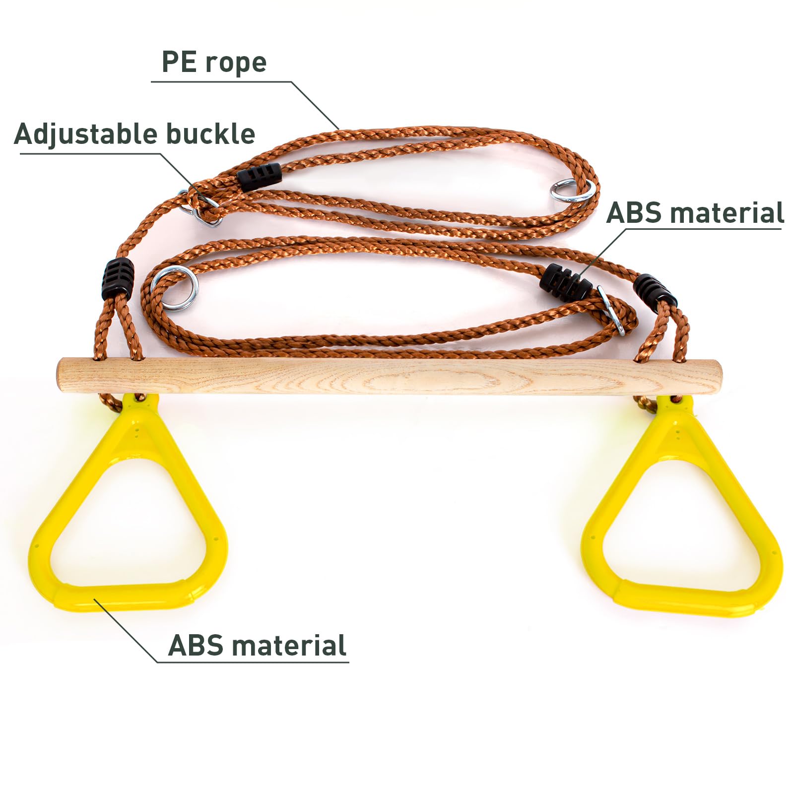 Leogreen Trapèze Balançoire en Bois avec Anneaux de Gymnastique, Jaune | 58*(120-200)cm, Charge maximale 150 kg, hauteur réglable, Barre de Traction de jardin extérieur pour Fitness