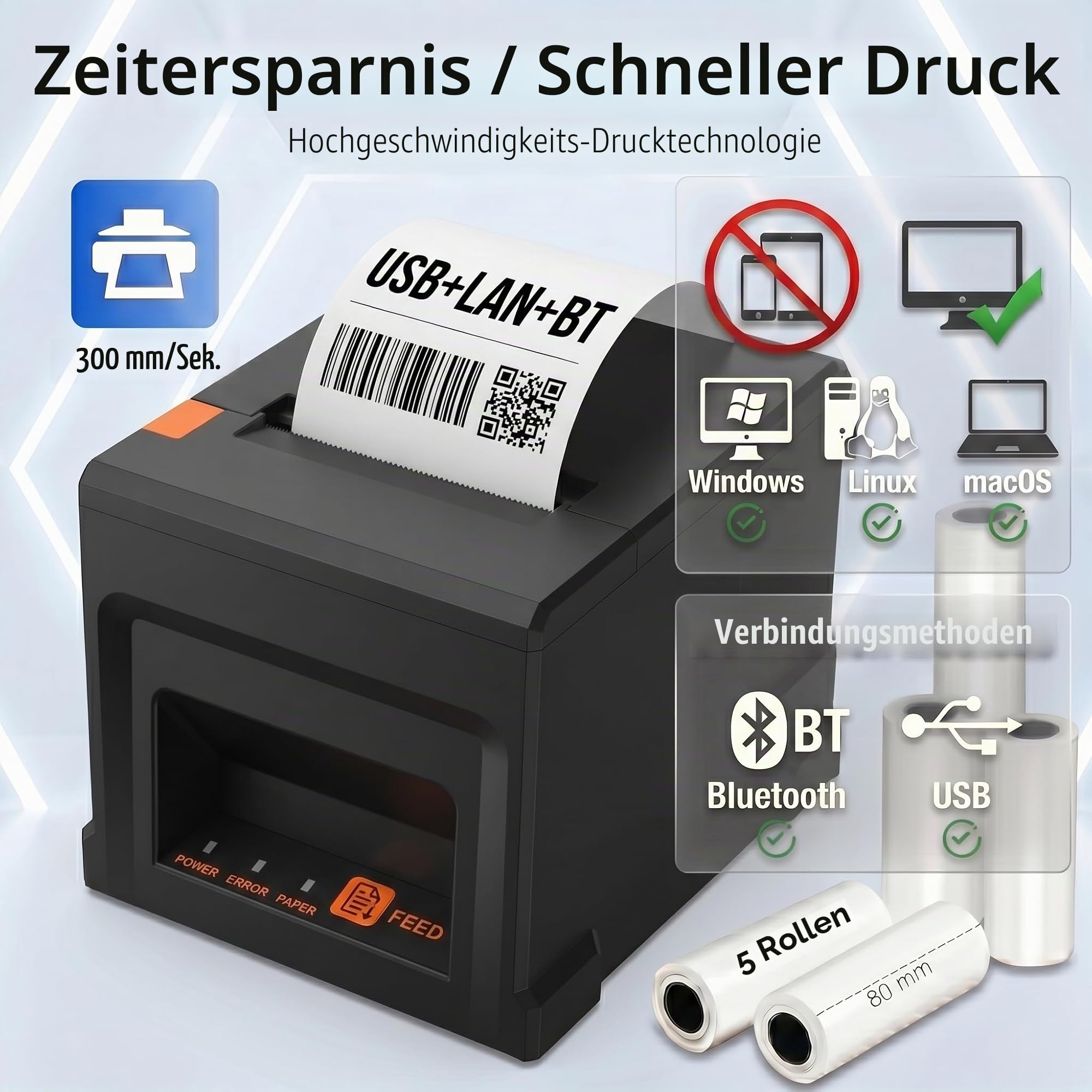 80mm POS Drucker mit 5 Rollen Papier und Bluetooth, Automatischer Cutter, 300mm/s für Windows PC, USB LAN