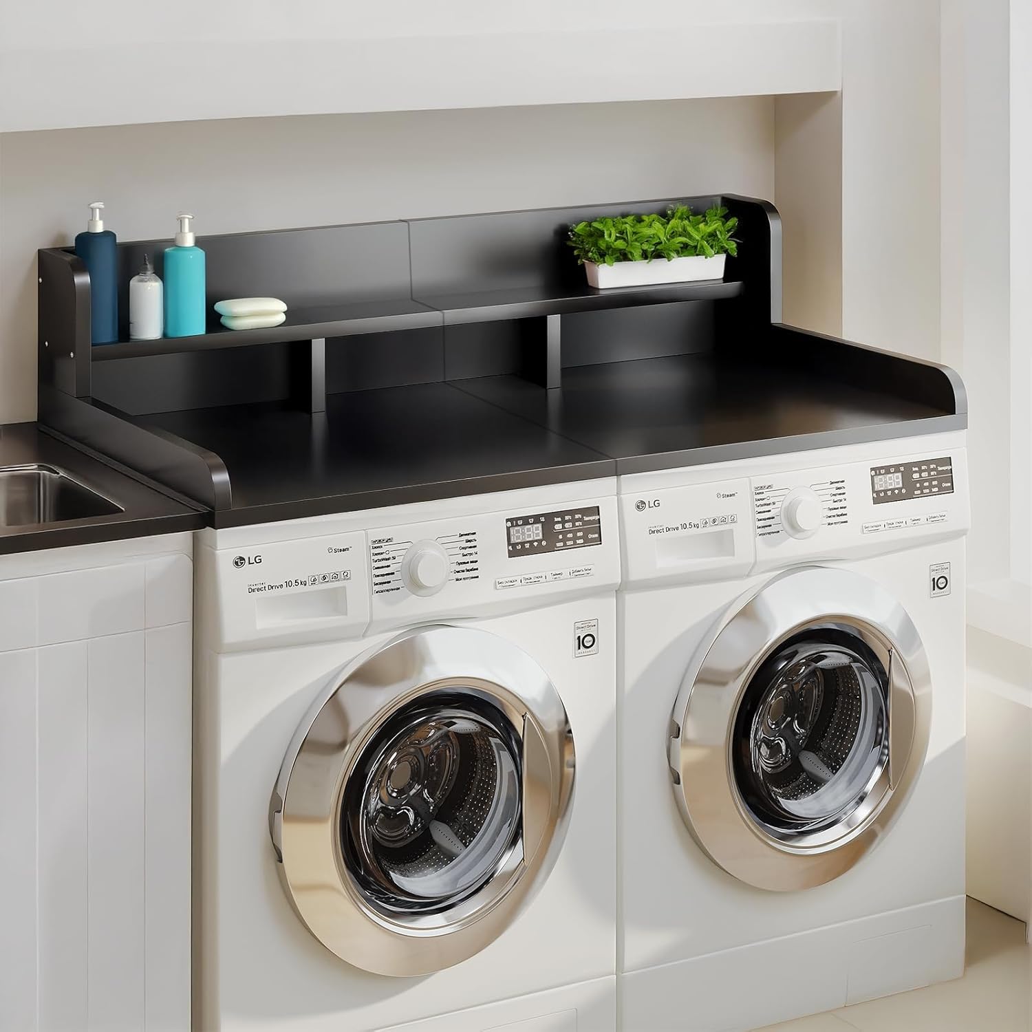 Roninkier Washer Dryer Countertop, Laundry Shelf Topper, 54" Width x 27.5" Depth Double Layer Organizer for Washer and Dryer Laundry Hamper Counter Storage Organization, Black