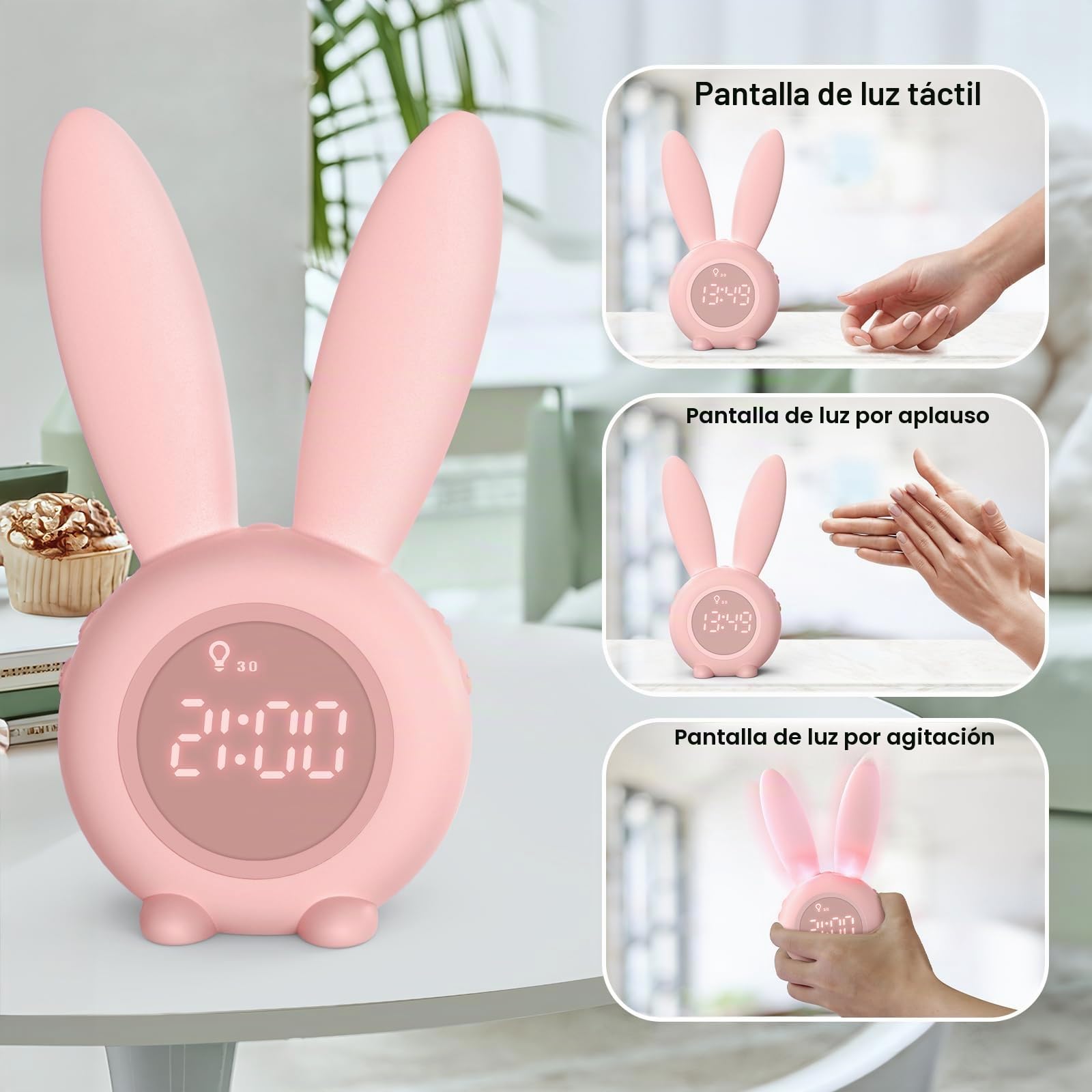 Homealexa Reloj Despertador de Conejo, Conejito Animal Lindo mesita de Noche con luz Nocturna + 6 música Interesante + Función de Cuenta Regresiva, Regalo para niños niños Estudiantes