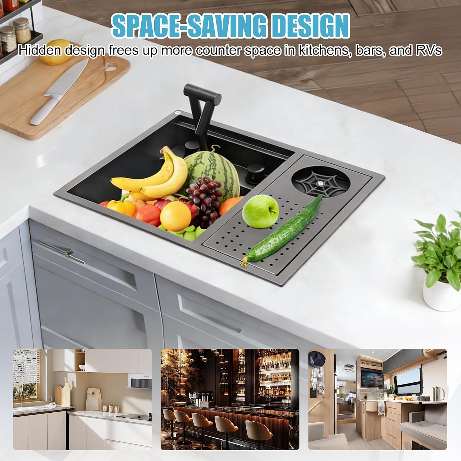 Bar Sink, Black Stainless Steel Kitchen Sink with Cup Washer, Kitchen Countertop Sink w/ 360° Rotatable Faucet, 21.6"L x 17.7"W x 8.7"H Drop In Sink Concealed for Center Island, Apartment