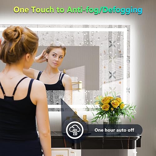 Miniatura 5 de Espejo de baño LED RGB de 55 x 30 pulgadas, luz frontal y retroiluminado RGB, espejo de tocador para baño, montado en la pared, regulable, anti