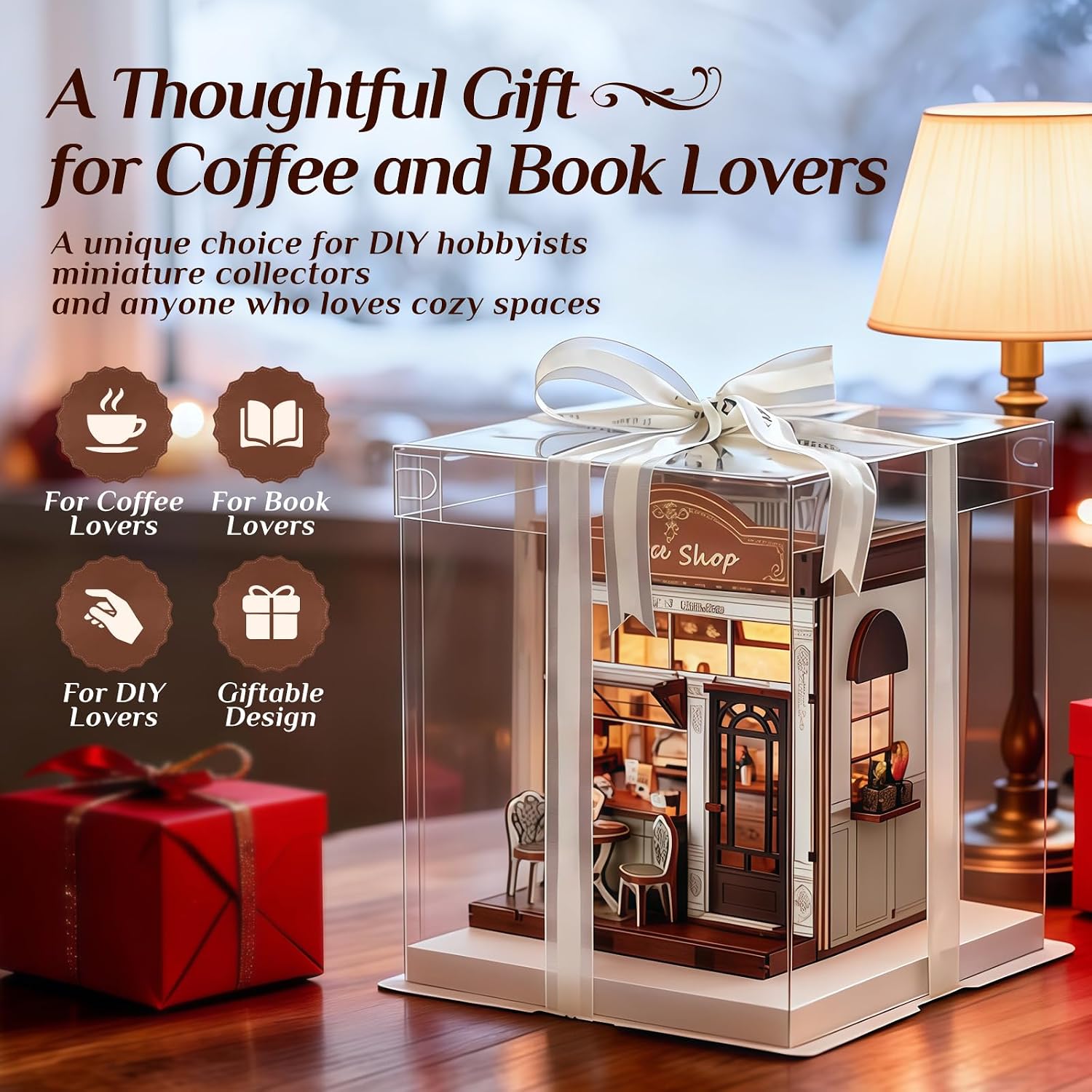 Book Nook Kit, DIY Miniature House Kit for Adults & Teens, Cozy Coffee Shop Scene Bookshelf Insert Decor with LED, 3D Wooden Puzzle Gift for Book Lovers (Coffee Shop)
