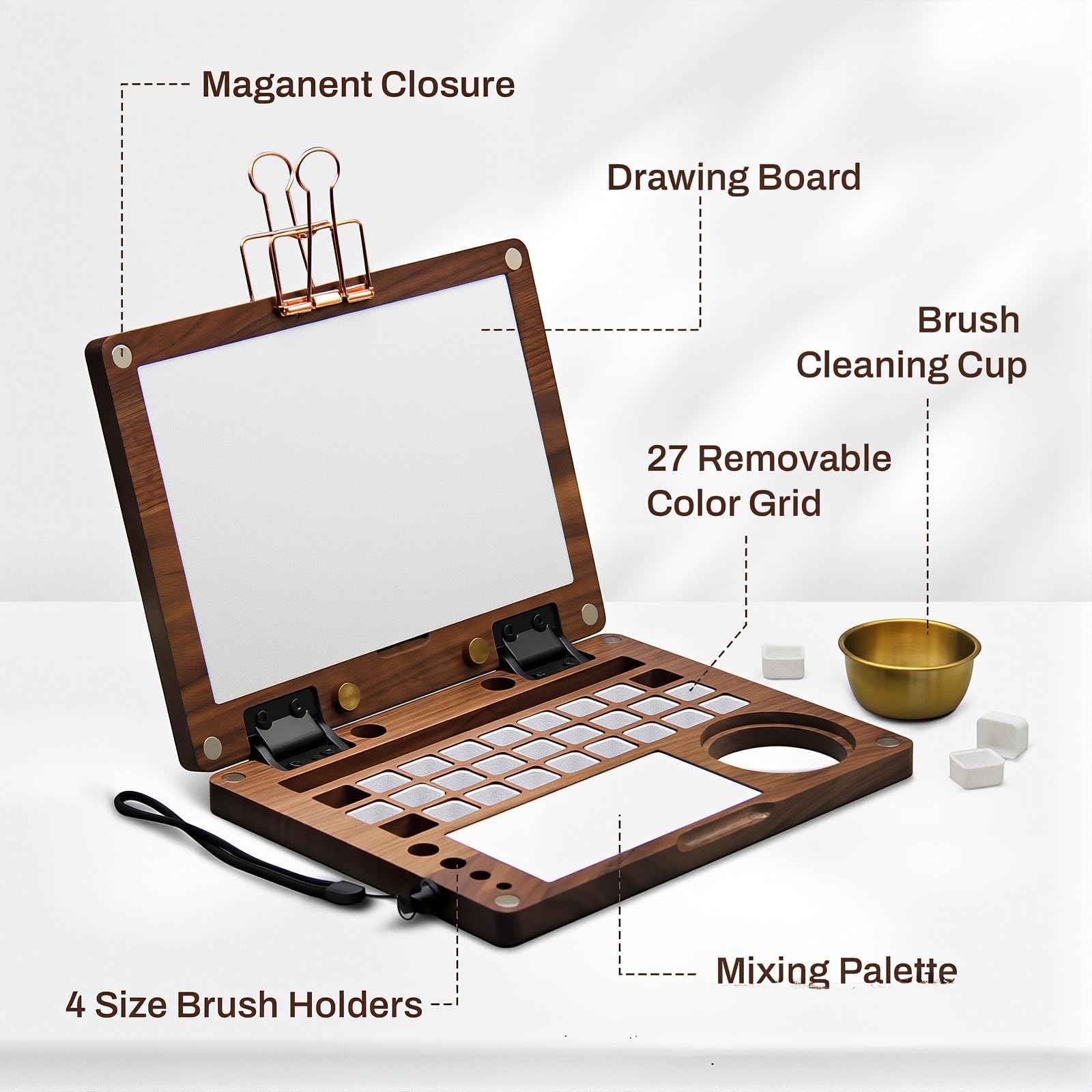 Drewniana paleta akwarelowa 27 Wells Black Walnut, składana, podróżna, z wyjmowanym pojemnikiem do czyszczenia pędzli, wielofunkcyjna, plenerowa sztaluga malarska z metalowymi klipsami